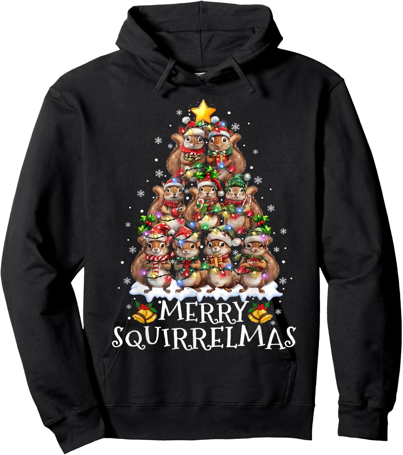 Squirrel Christmas Tree Lights Merry Squirrelmas Santa Xmas Hoodie - Hoodie | Black