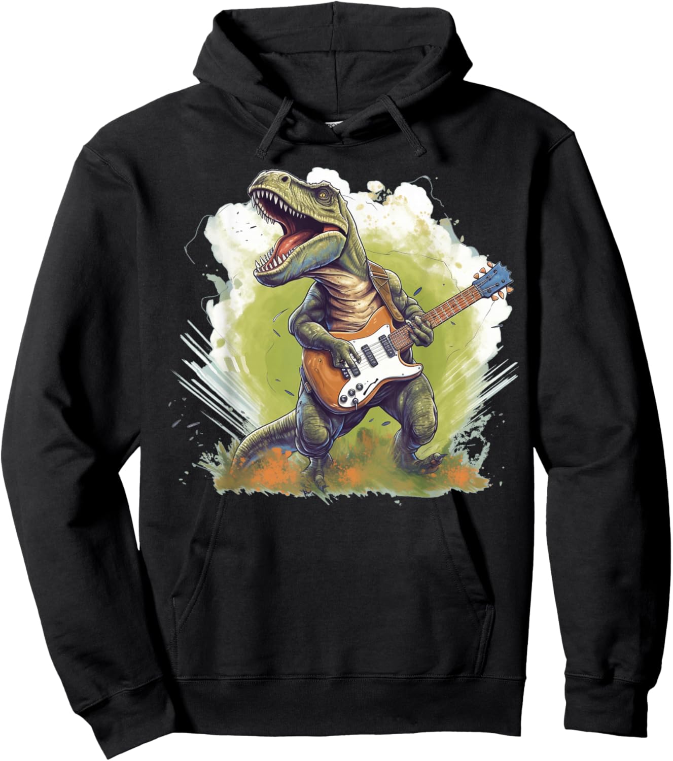 Funny T Rex Dinosaurs with Cool Electric Guitar Hoodie - Hoodie | Black