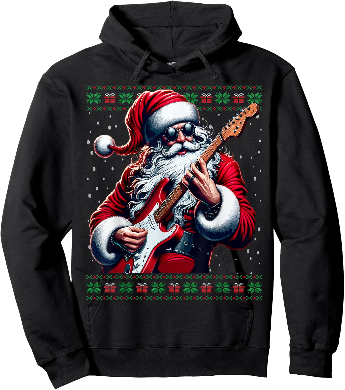 Santa Guitar Musician Guitarist Ugly Christmas Sweater Hoodie - Hoodie | Black
