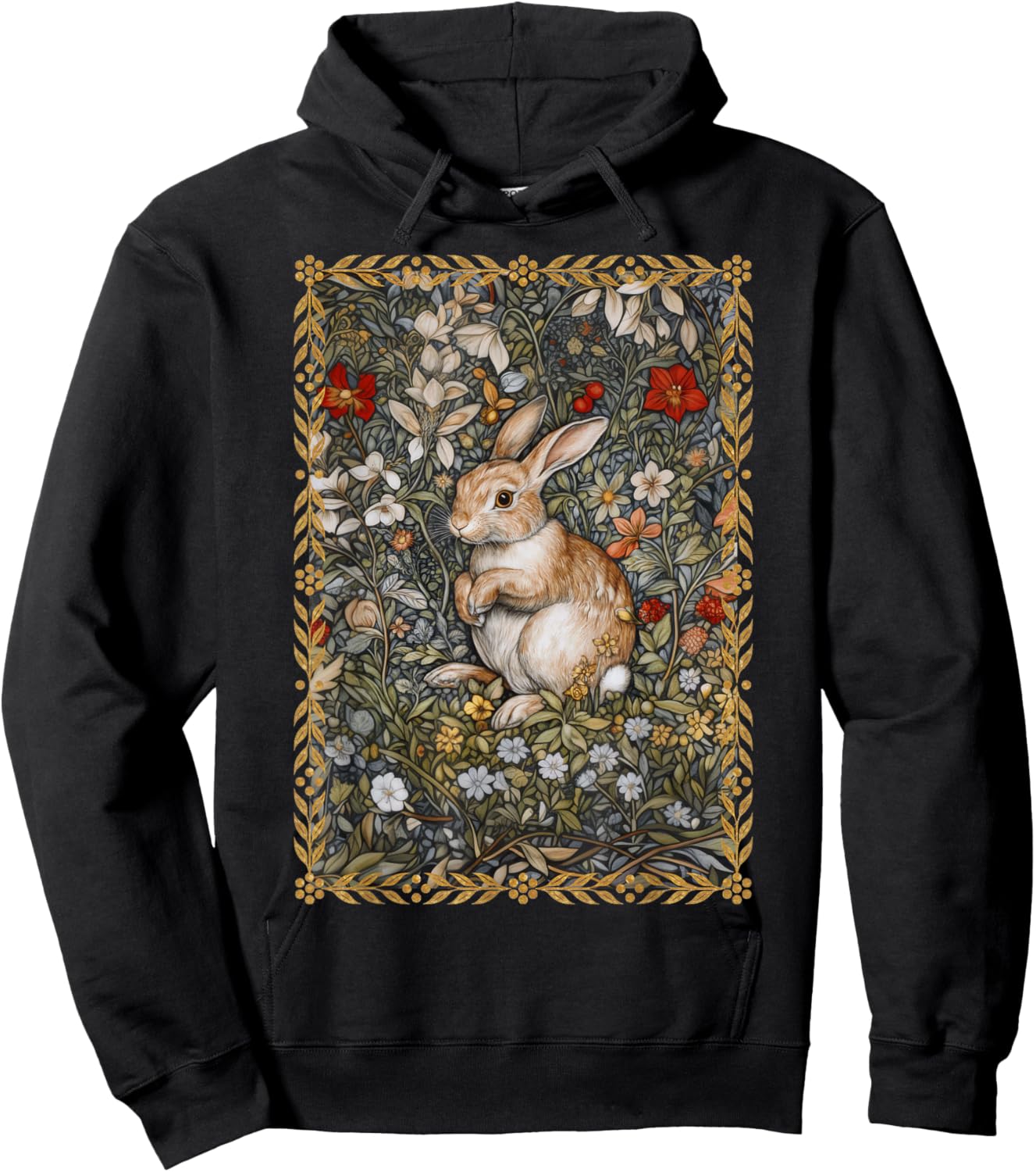 Rabbit in a William Morris Style Flower Garden Hoodie - Hoodie | Black