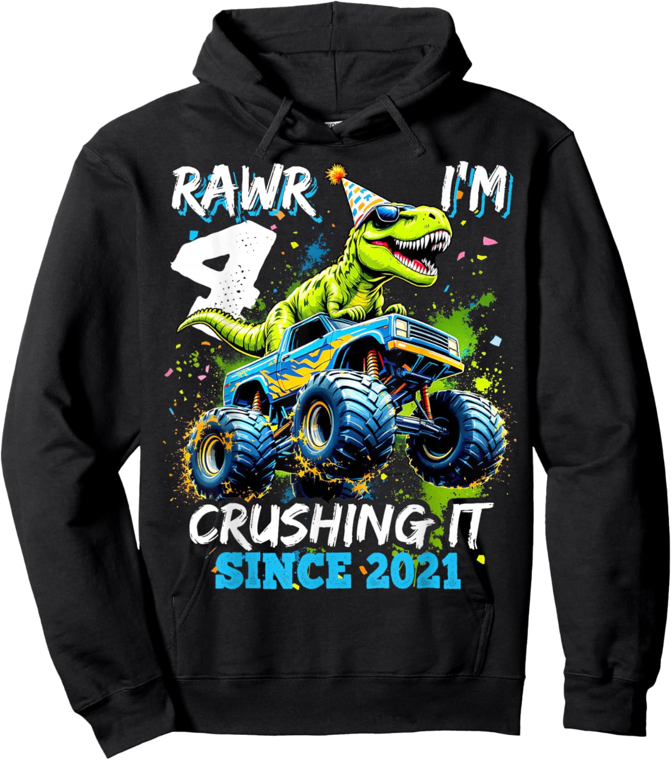 4th Birthday Monster Truck Dinosaur Party Boys Rawr I'm 4 Hoodie - Hoodie | Black