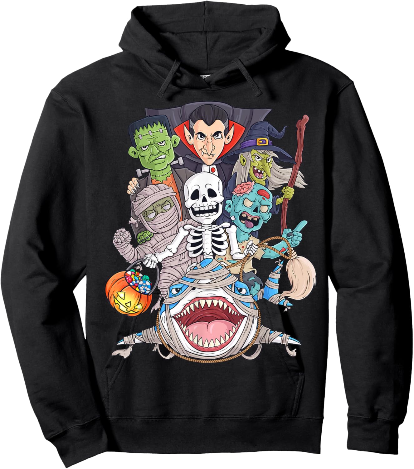 Skeleton Zombie Riding Mummy Shark Funny Halloween Pumpkin Hoodie - Hoodie | Black