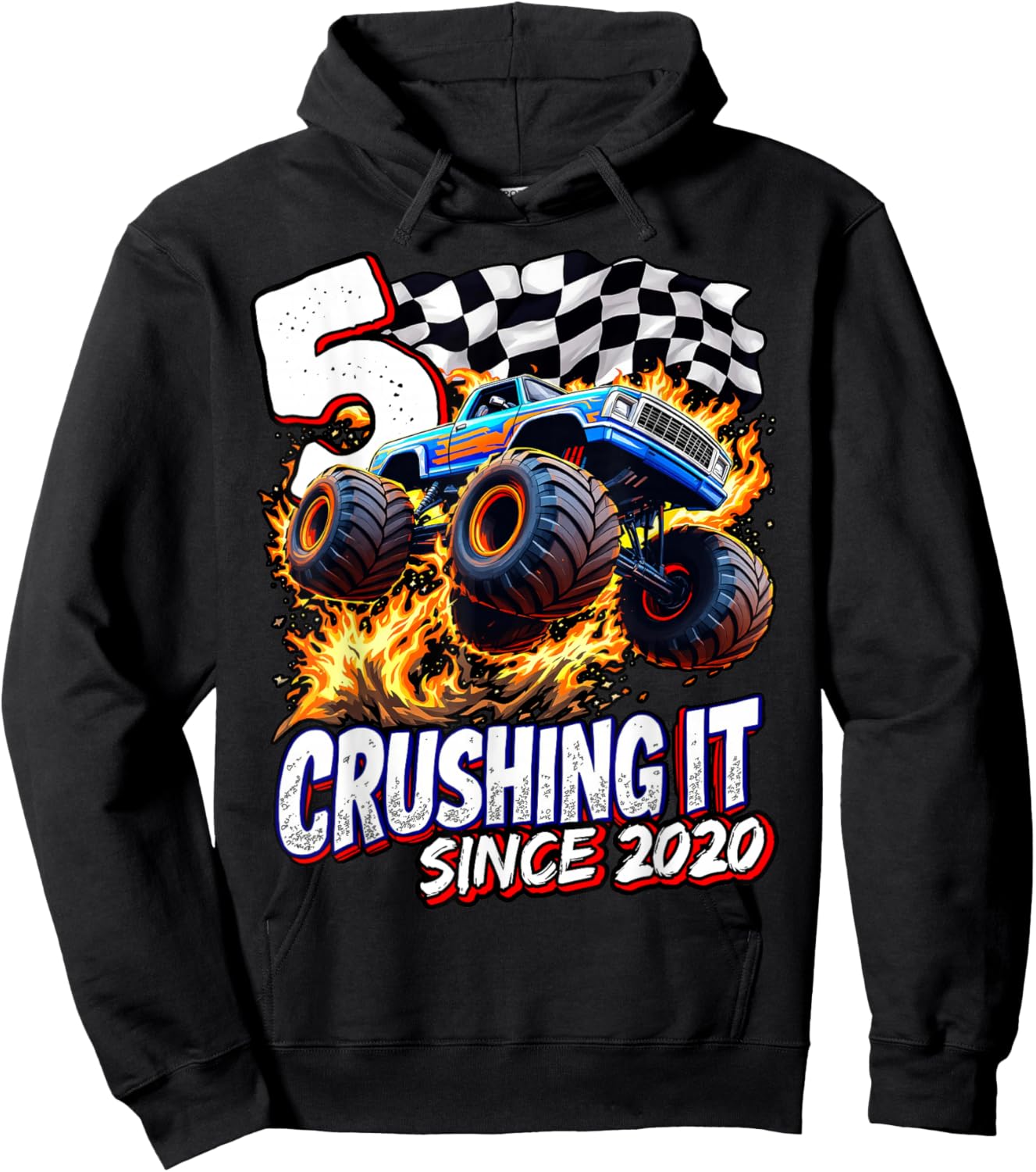 Birthday Monster Truck 5 year Old Boys 5th Party Born 2020 Hoodie - Hoodie | Black