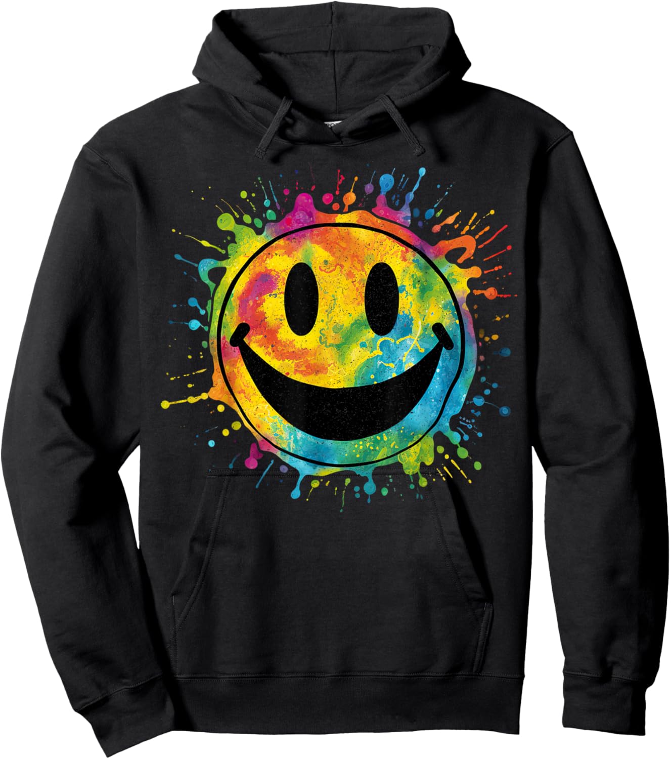 Retro Happy Face Rainbow Tie-dye Splatter – 70s Peace Smile Hoodie - Hoodie | Black