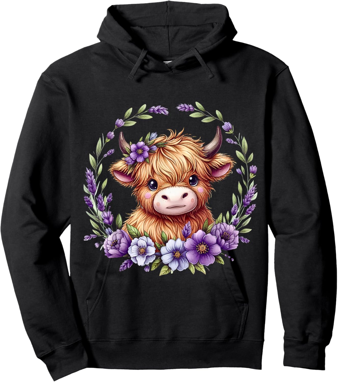 Baby Highland Cow with Purple Flowers Scottish Farm Hoodie - Hoodie | Black