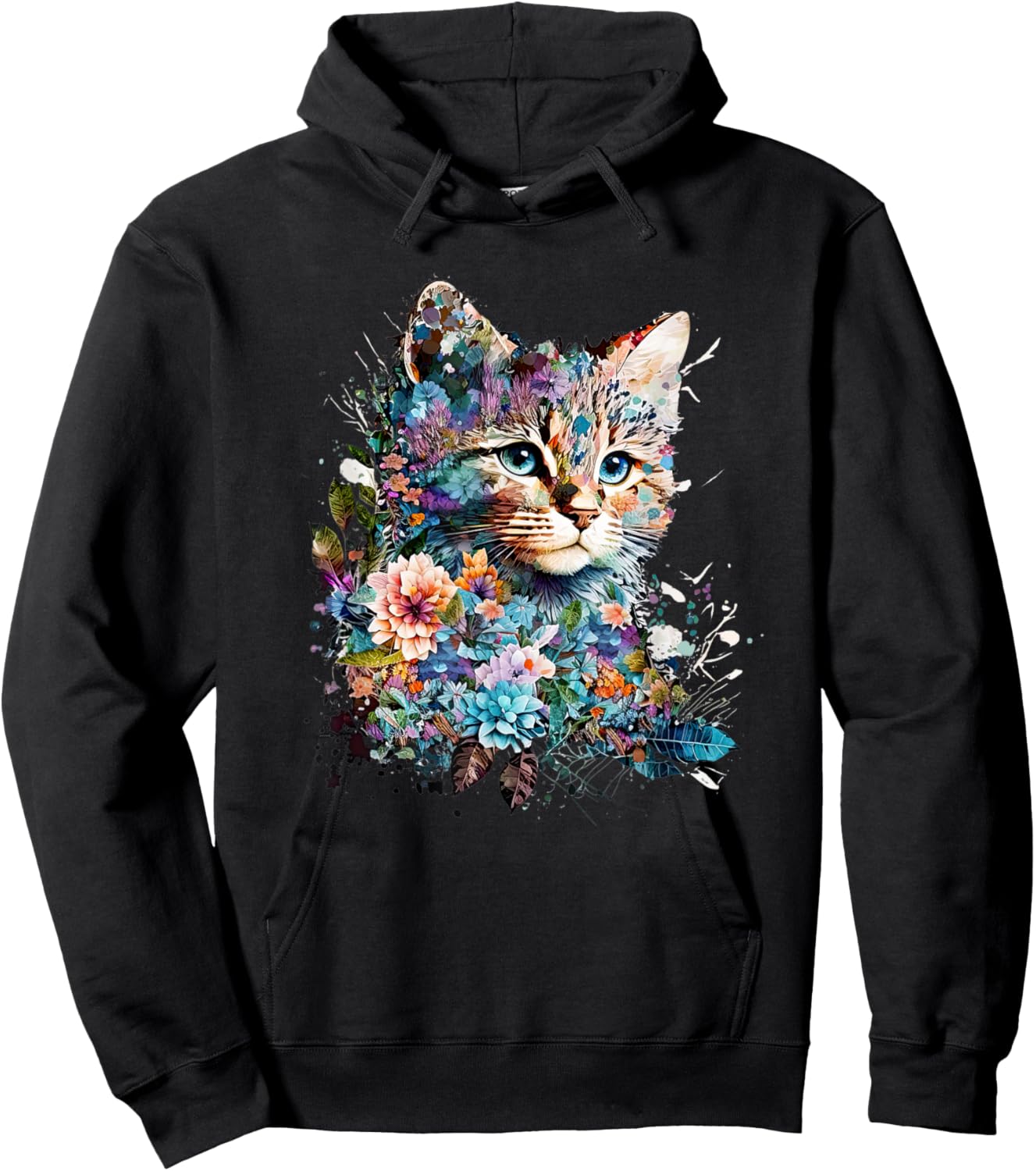 Cute Cat Motif Cat With Flowers Cat Hoodie - Hoodie | Black