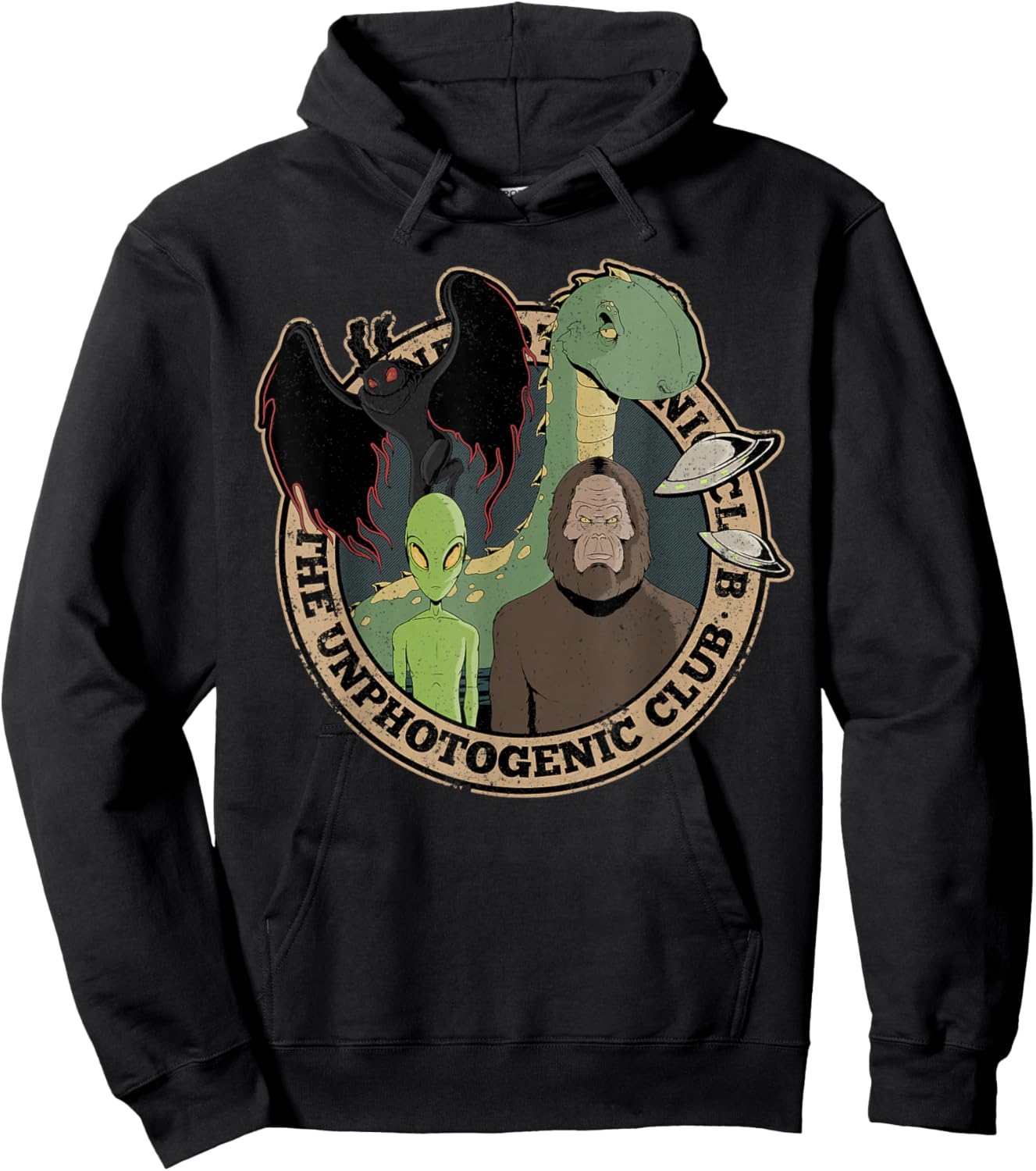 Unphotogenic Club Cryptid Alien Bigfoot Mothman Loch Ness Hoodie - Hoodie | Black