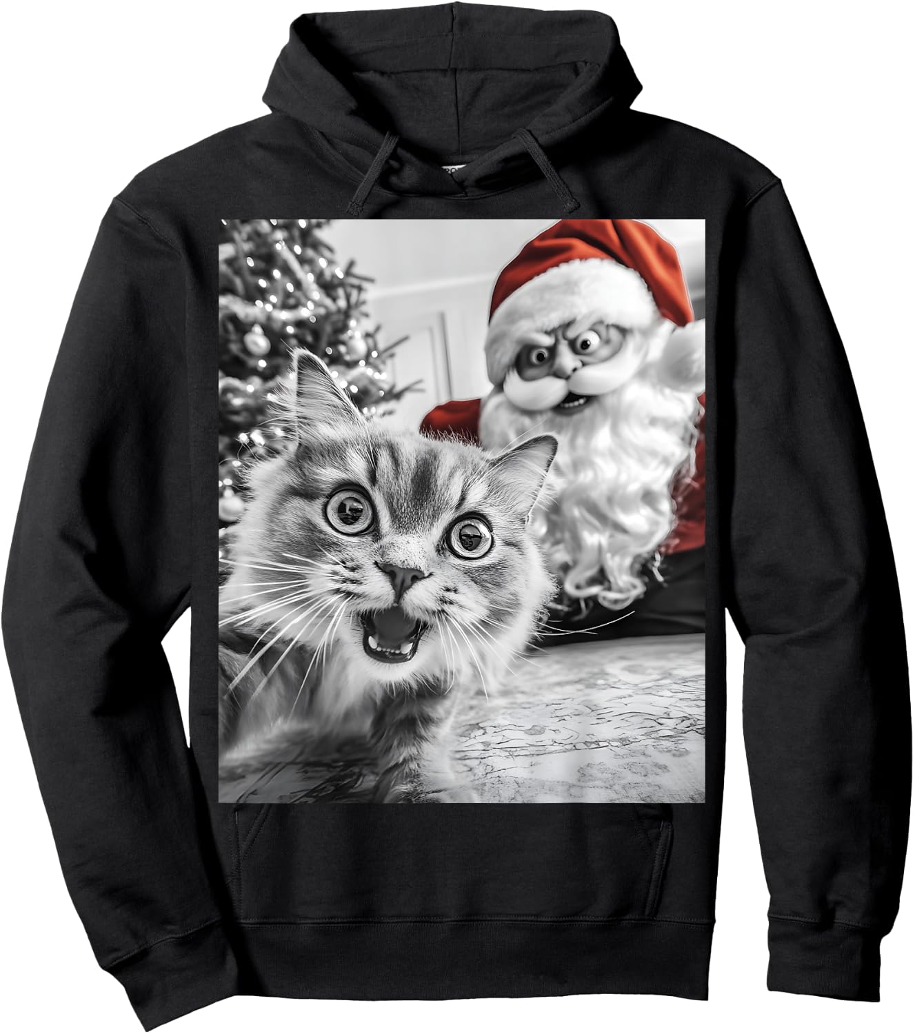 Funny Cat Selfie With Santa Christmas Men Women Hoodie - Hoodie | Black