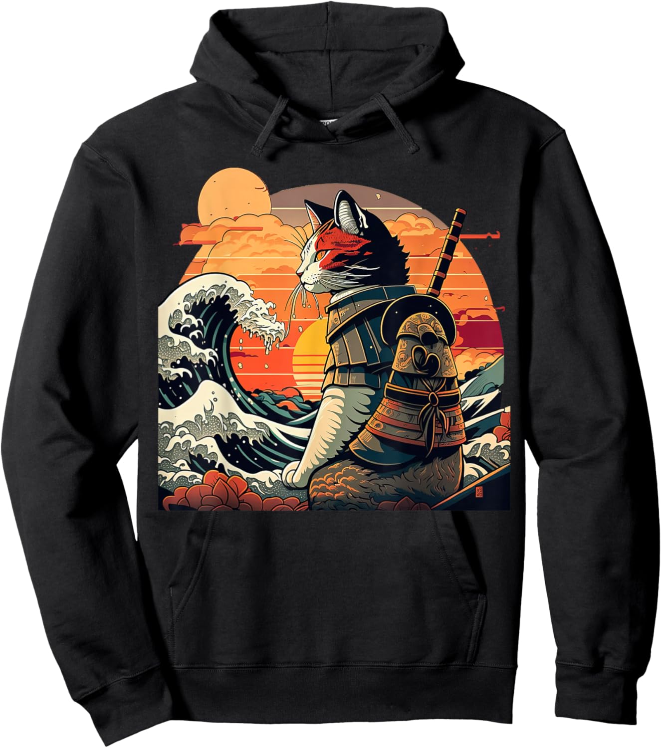 Japanese Retro Samurai cat The Great Wave by Hokusai Hoodie - Hoodie | Black