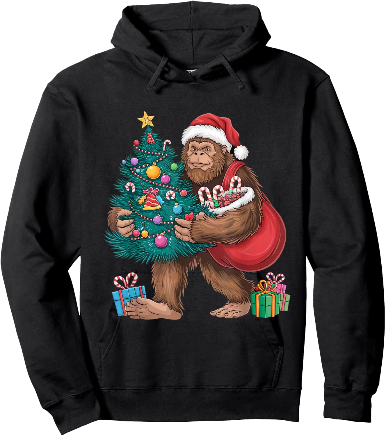 Santa Bigfoot Christmas Tree Lights Xmas Sasquatch Lovers Hoodie - Hoodie | Black