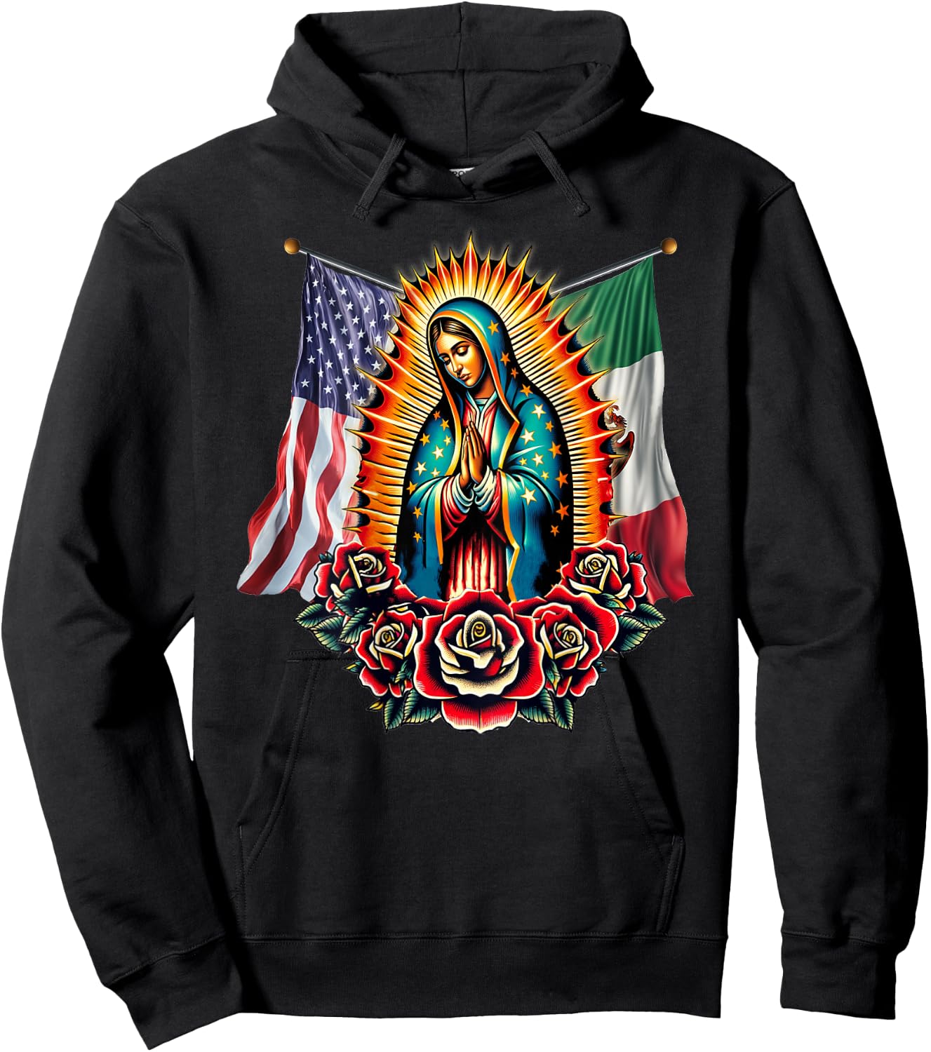 Virgen De Guadalupe Virgin Mary Mexican American Flag Hoodie - Hoodie | Black