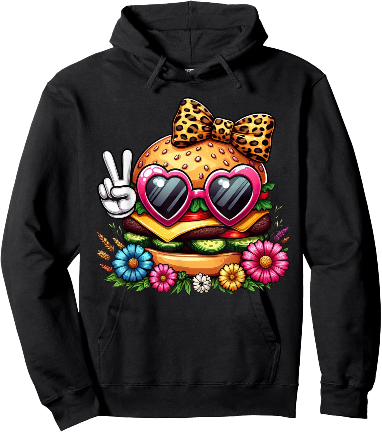 Funny Peace Hand Hamburger Mom Mothers Day Hamburger Hoodie - Hoodie | Black