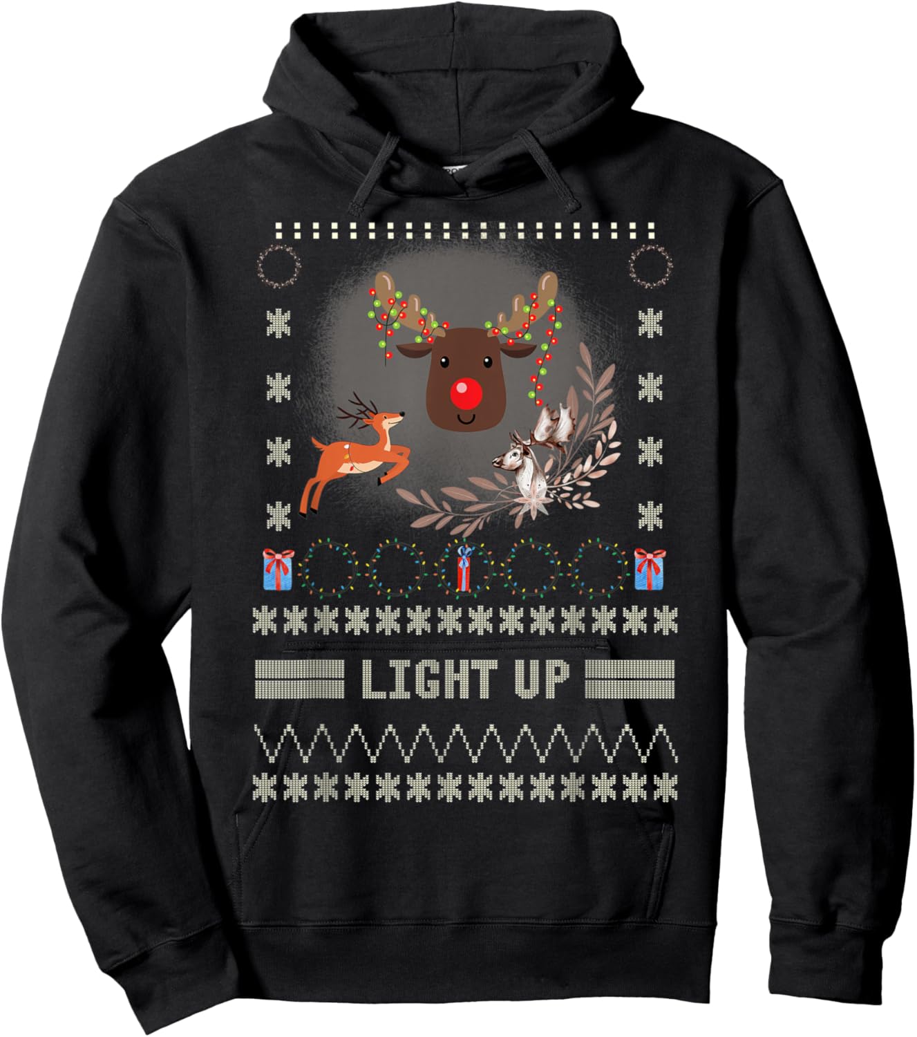 Men Led Light Up Reindeer Ugly Christmas Sweater Holiday Hoodie - Hoodie | Black