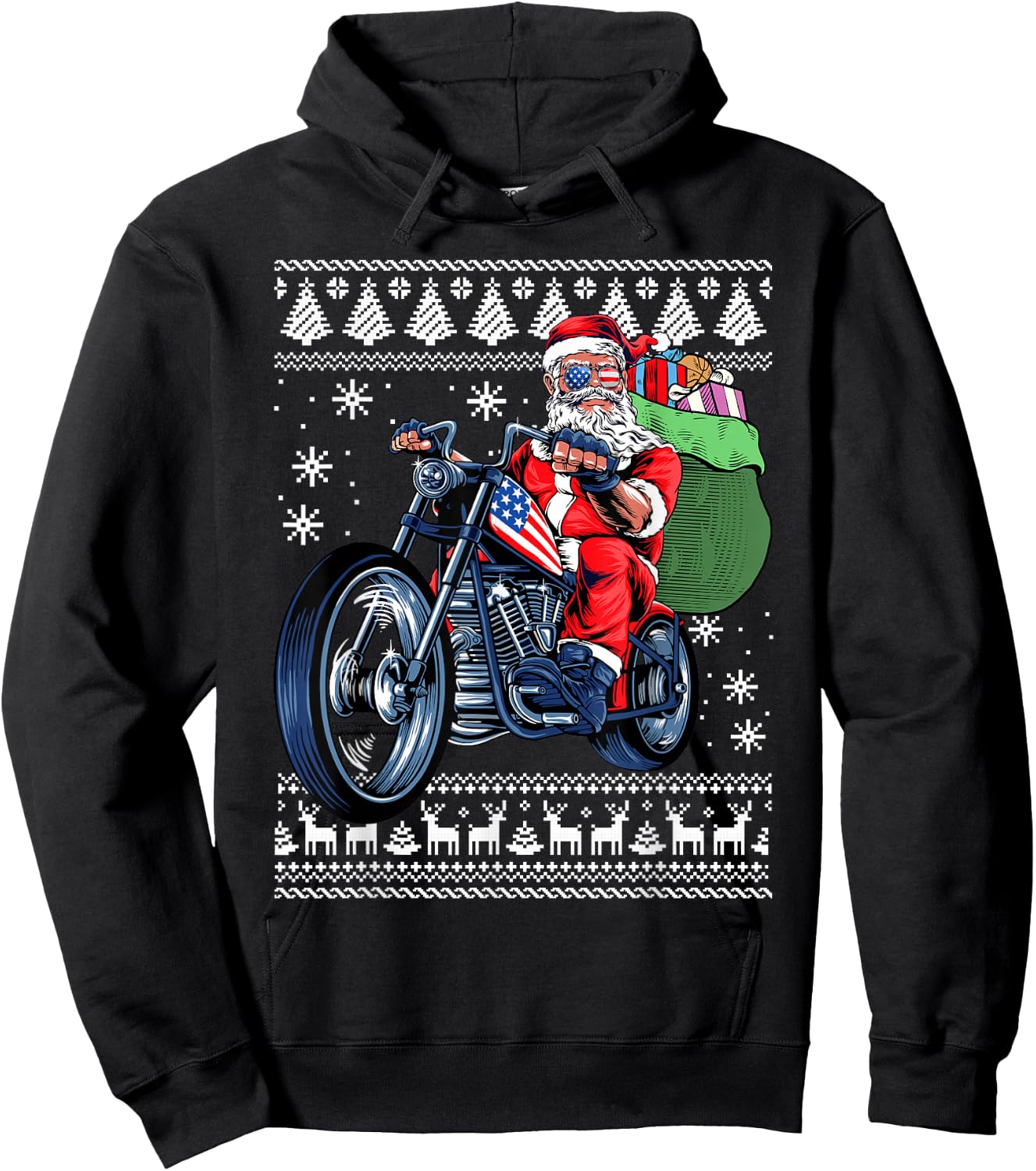 Santa Claus With Motorcycle Xmas Tree Ugly Christmas Sweater Hoodie - Hoodie | Black