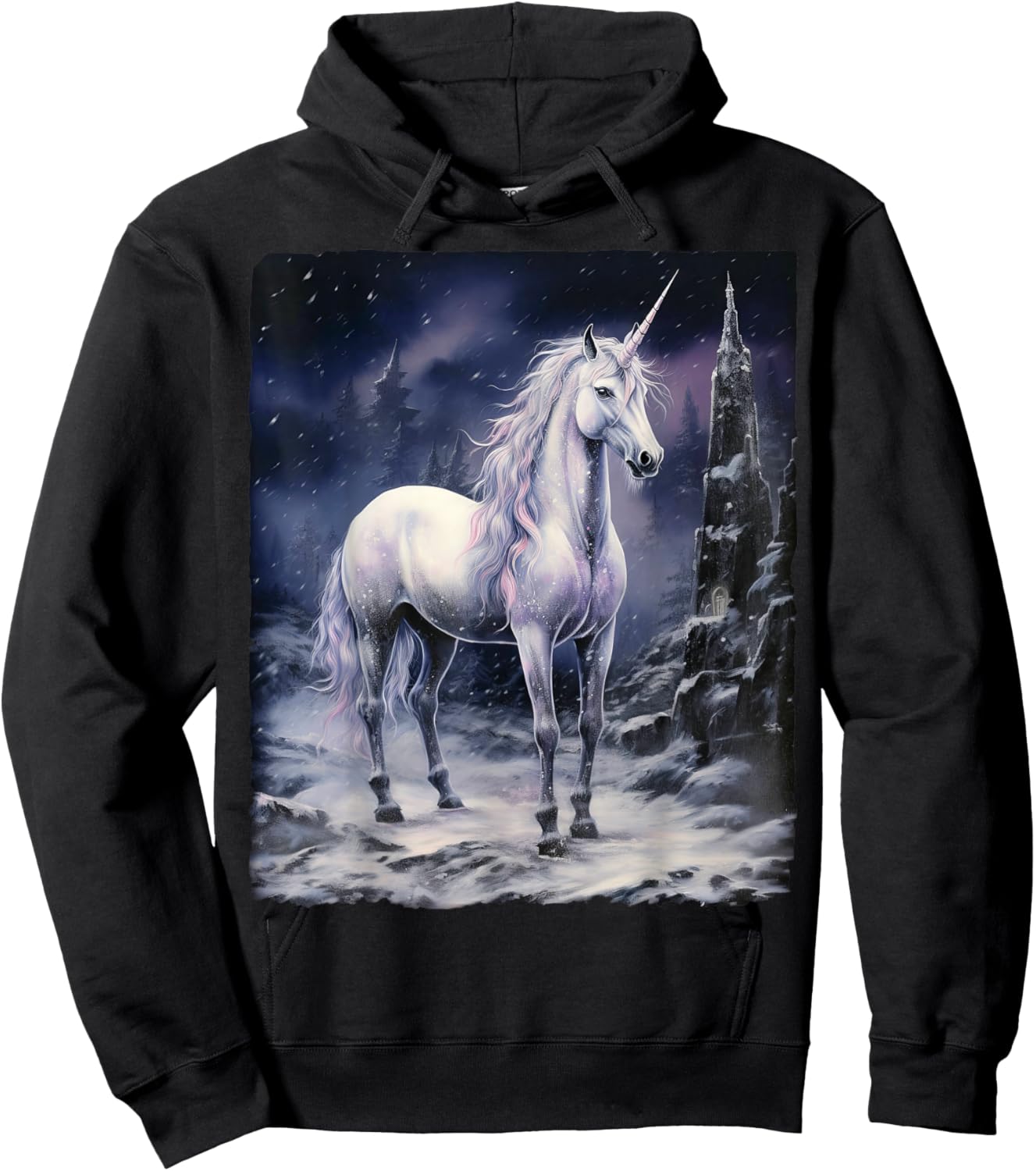 Fantasy white Unicorn standing on snowy mountain Hoodie - Hoodie | Black