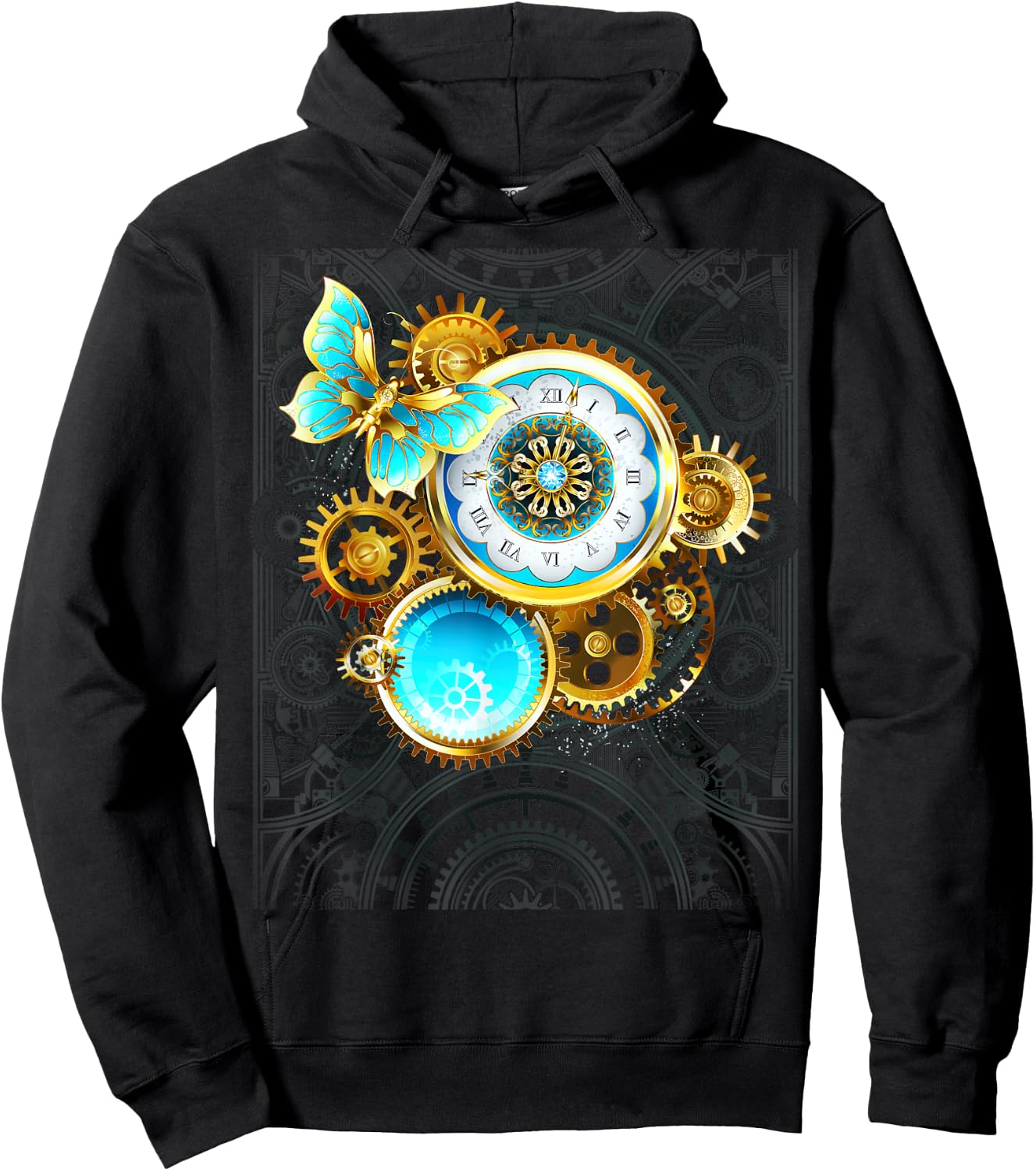 Steampunk Blue Butterfly Vintage Clock Gears Goth Gift Women Hoodie - Hoodie | Black