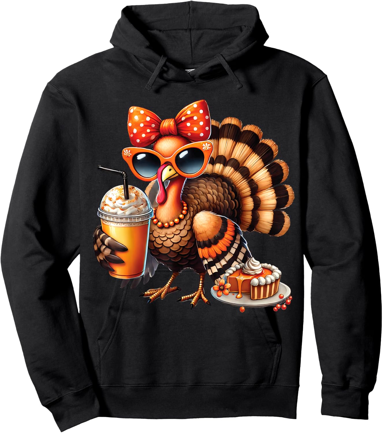 Turkey Drinking Coffee Bow Thanksgiving Turkey Day Hoodie - Hoodie | Black