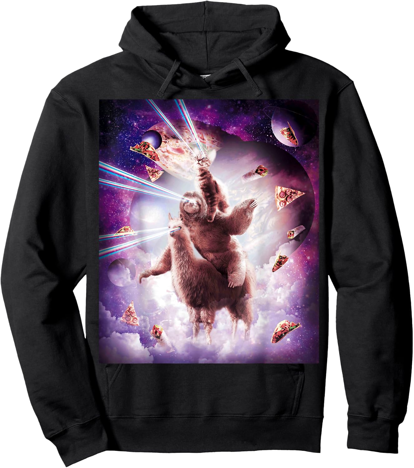 Laser Eyes Space Cat Riding Sloth, Llama - Rainbow Hoodie - Hoodie | Black
