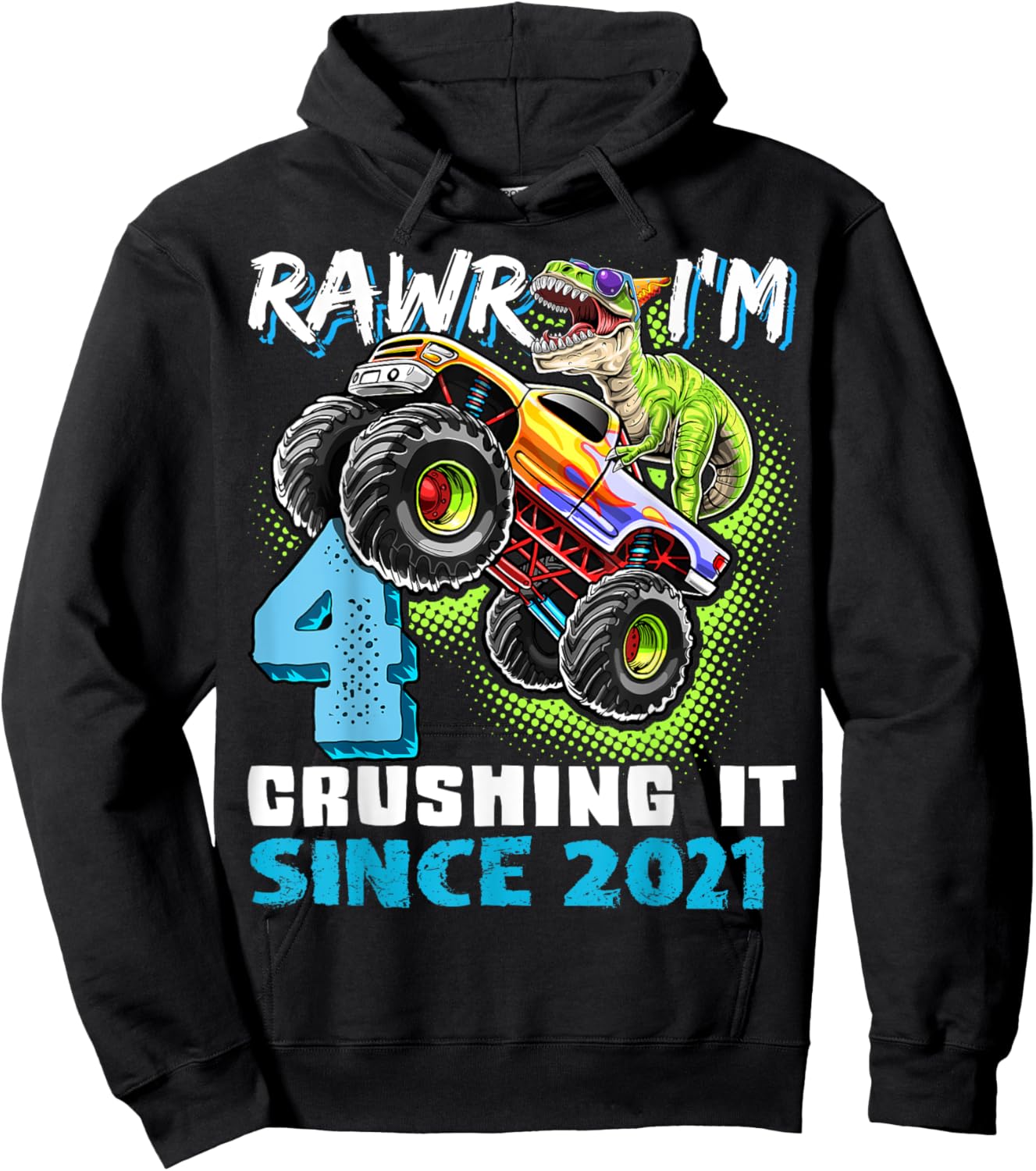 4th Birthday Monster Truck Dinosaur Party Boys Rawr I'm 4 Hoodie - Hoodie | Black