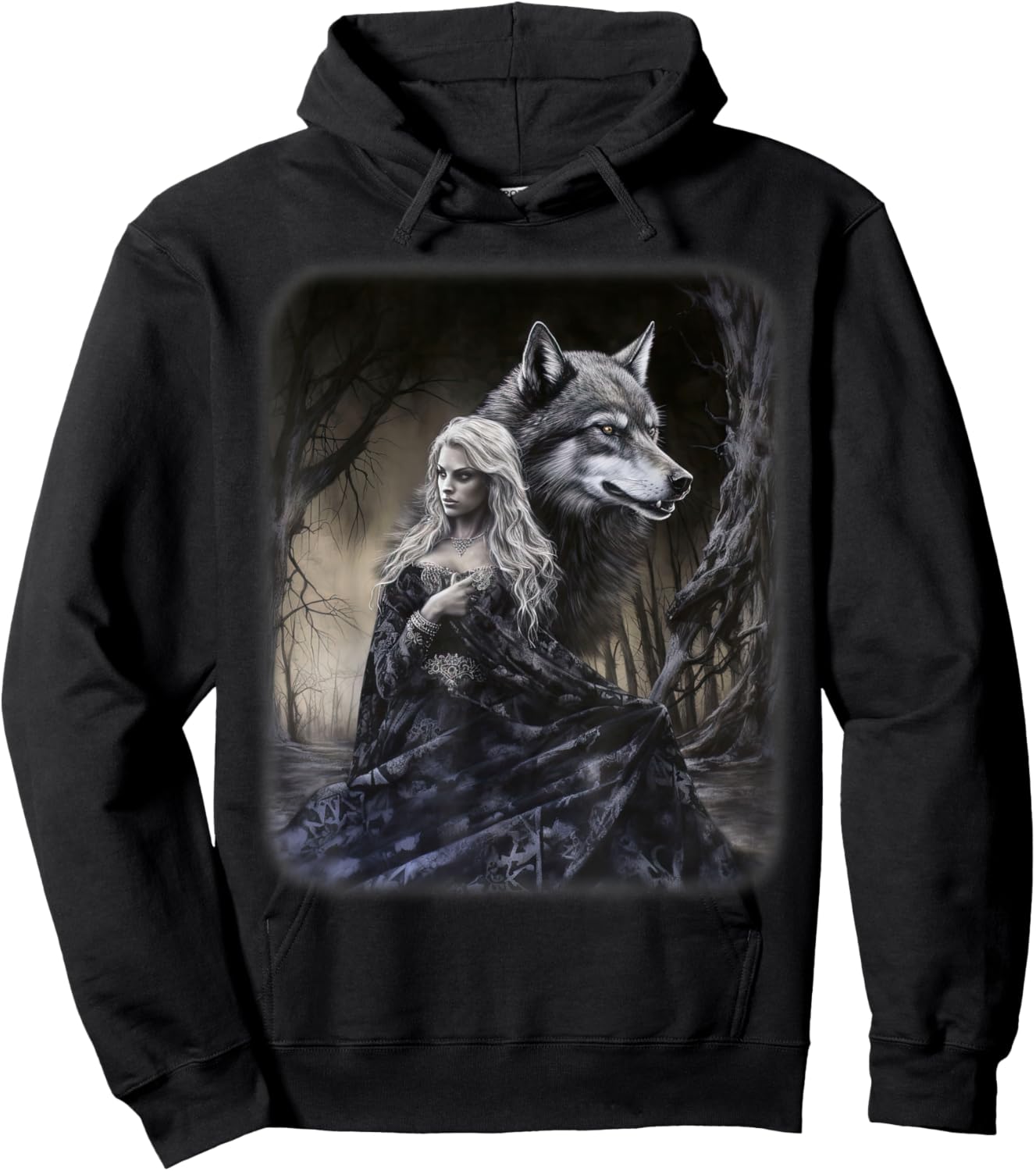 Woman and Gray Wolf in Forest Moon Fantasy Art Painting Hoodie - Hoodie | Black