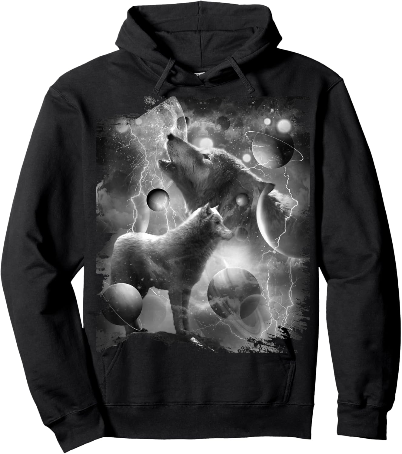 Black and White Wolf Lightning, Cosmic Wolves Howling Hoodie - Hoodie | Black