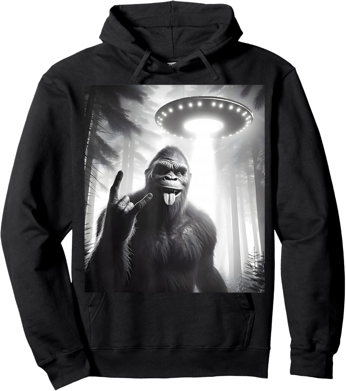 Funny Sasquatch Bigfoot Selfie With UFO Alien Rock Sign Hoodie - Hoodie | Black