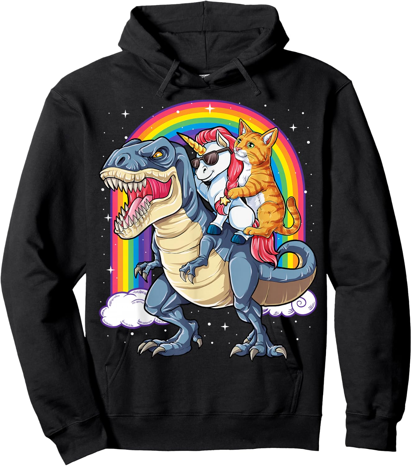 Cat Unicorn Riding Dinosaur T rex Kitten Lover Space Galaxy Hoodie - Hoodie | Black