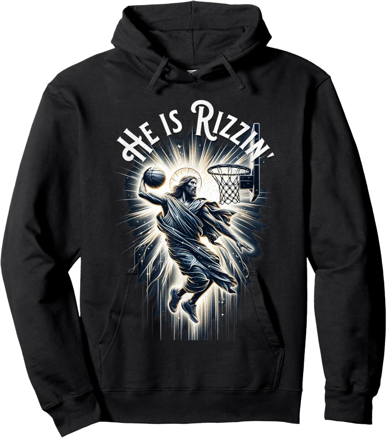Sports Rizz Rizzen He is Rizzin Jesus Playing Basketball Hoodie - Hoodie | Black