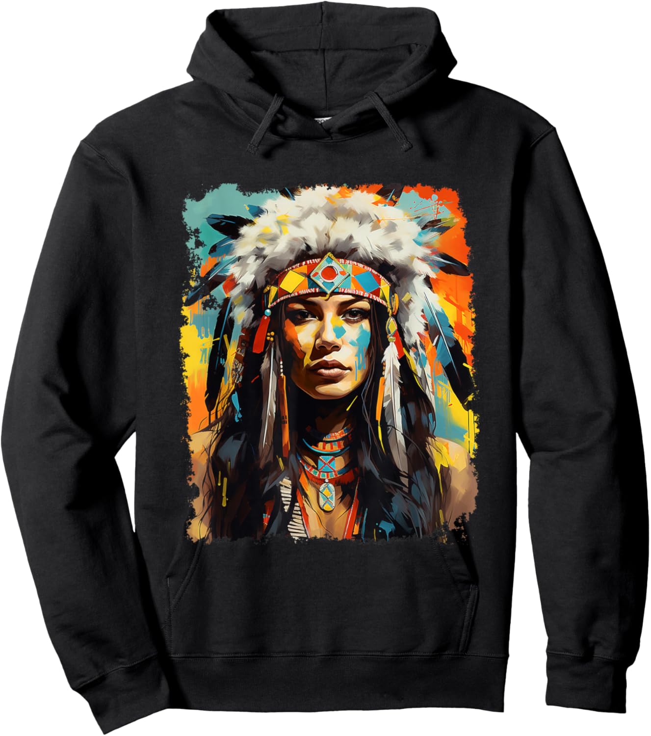 Indigenous Wolfwear Beautiful Native American - Black, -Adults, Short Sleeve, Small, Regular Fit, Modern Tribal Fusion Hoodie - Hoodie | Black