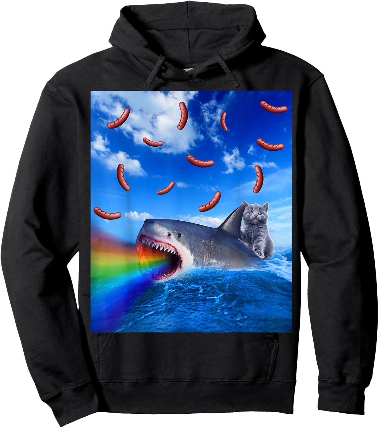 Cat Riding Rainbow Breathing Shark With Hot Dogs Hoodie - Hoodie | Black