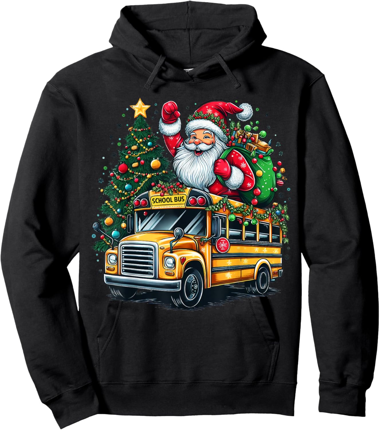 Santa Claus Riding School Bus Driver Christmas Tree Graphic Hoodie - Hoodie | Black