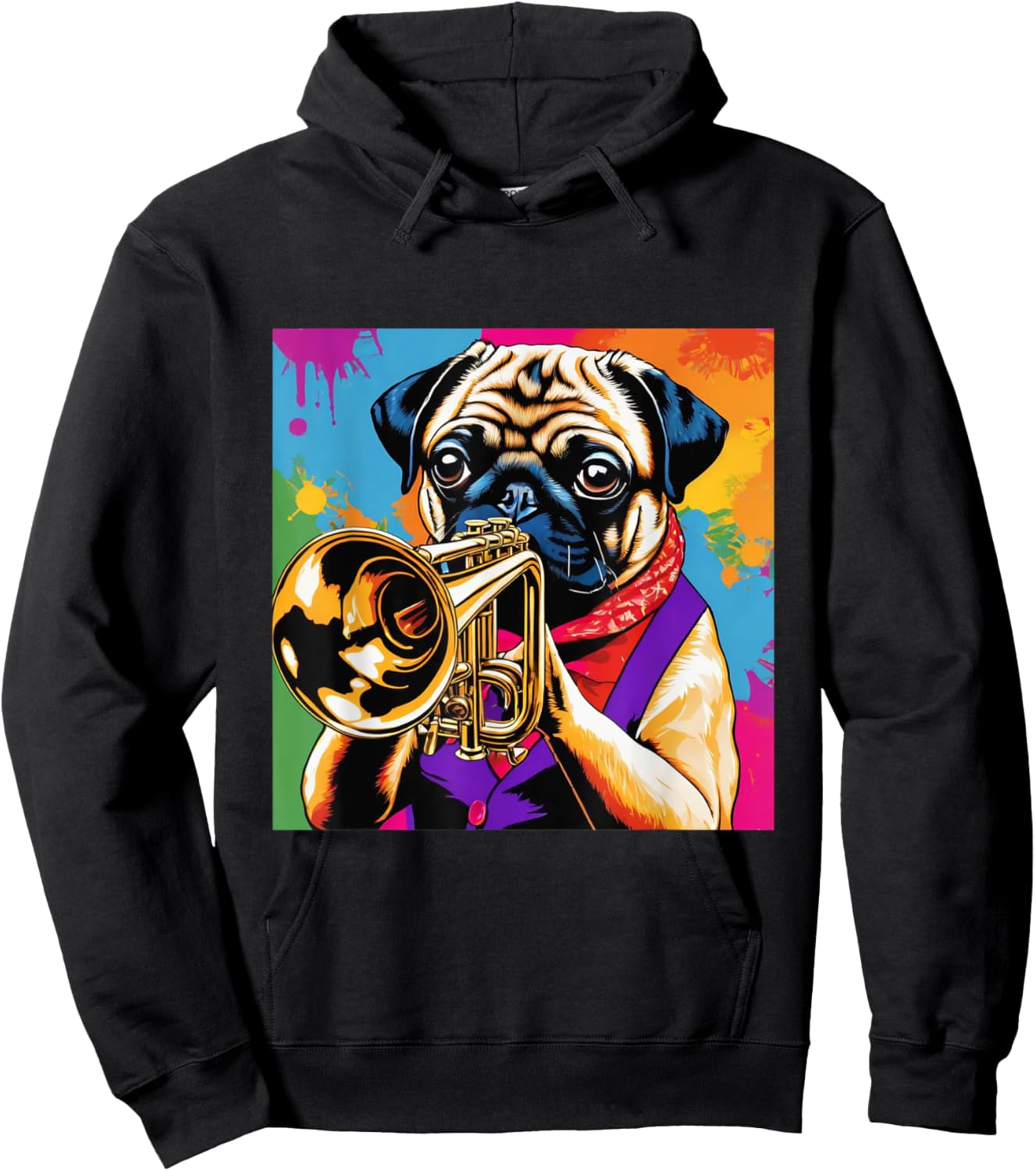 Fun Pug Playing Trumpet | Vintage Pop Art Jazz Player Dog Men Women Girls Kids Hoodie - Hoodie | Black