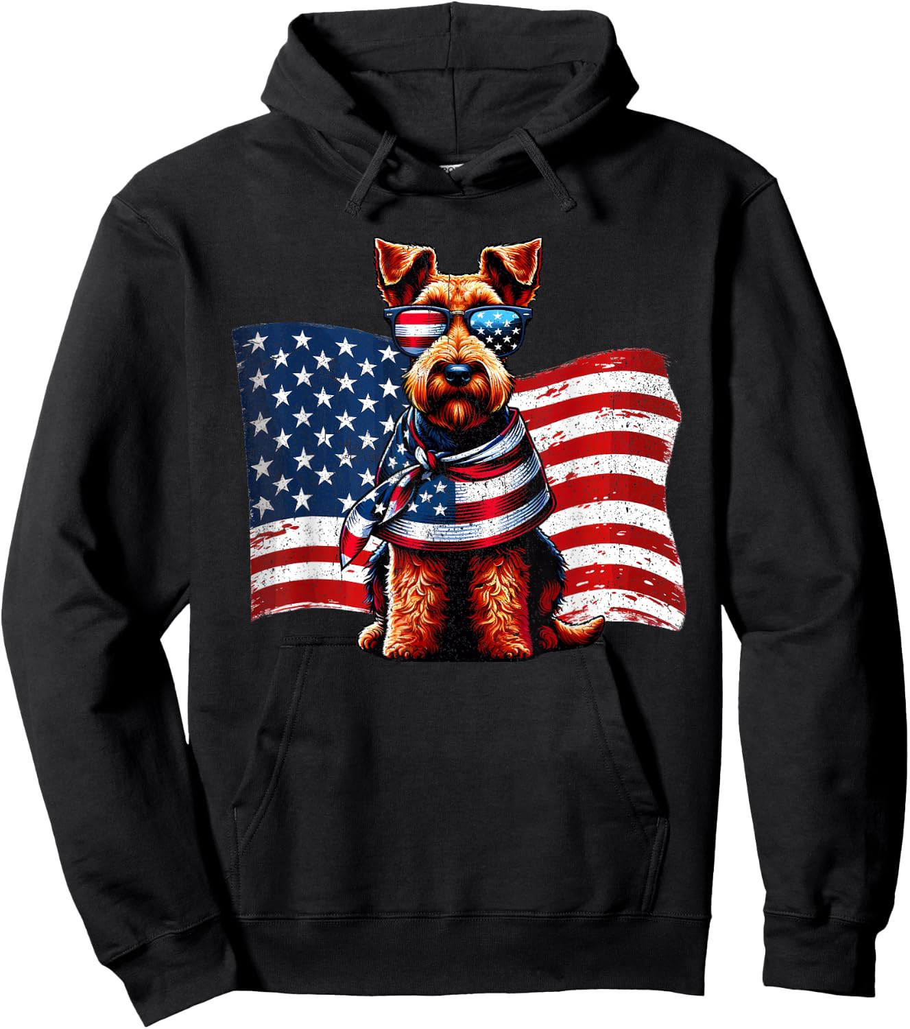 Welsh Terrier Dog Dogs American Flag Patriotic Pets Vintage Men Women Girls Kids Hoodie - Hoodie | Black