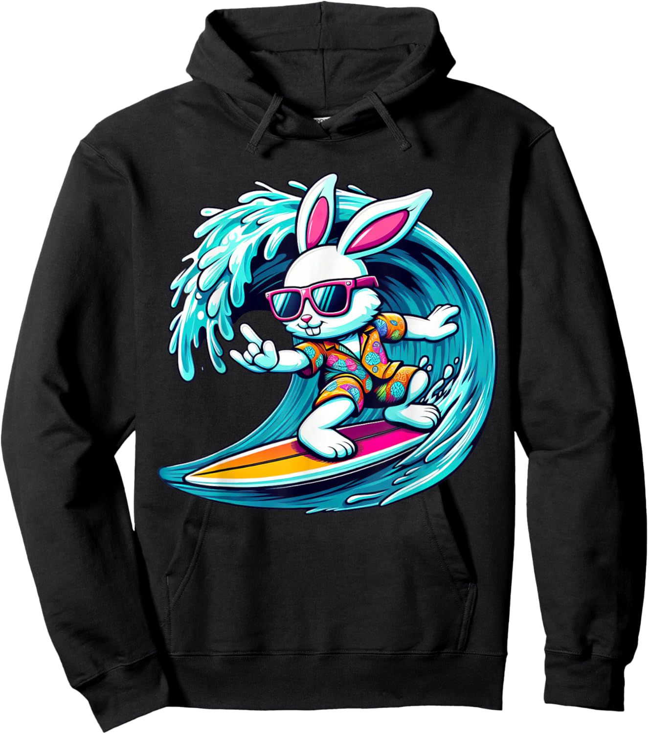 Funny Waves Surfing Player Bunny Kids Men Easter Hoodie - Hoodie | Black