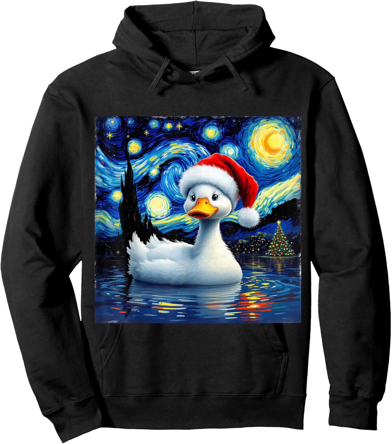 Christmas Duck Santa Hat Van Gogh Starry Night Holiday Hoodie - Hoodie | Black