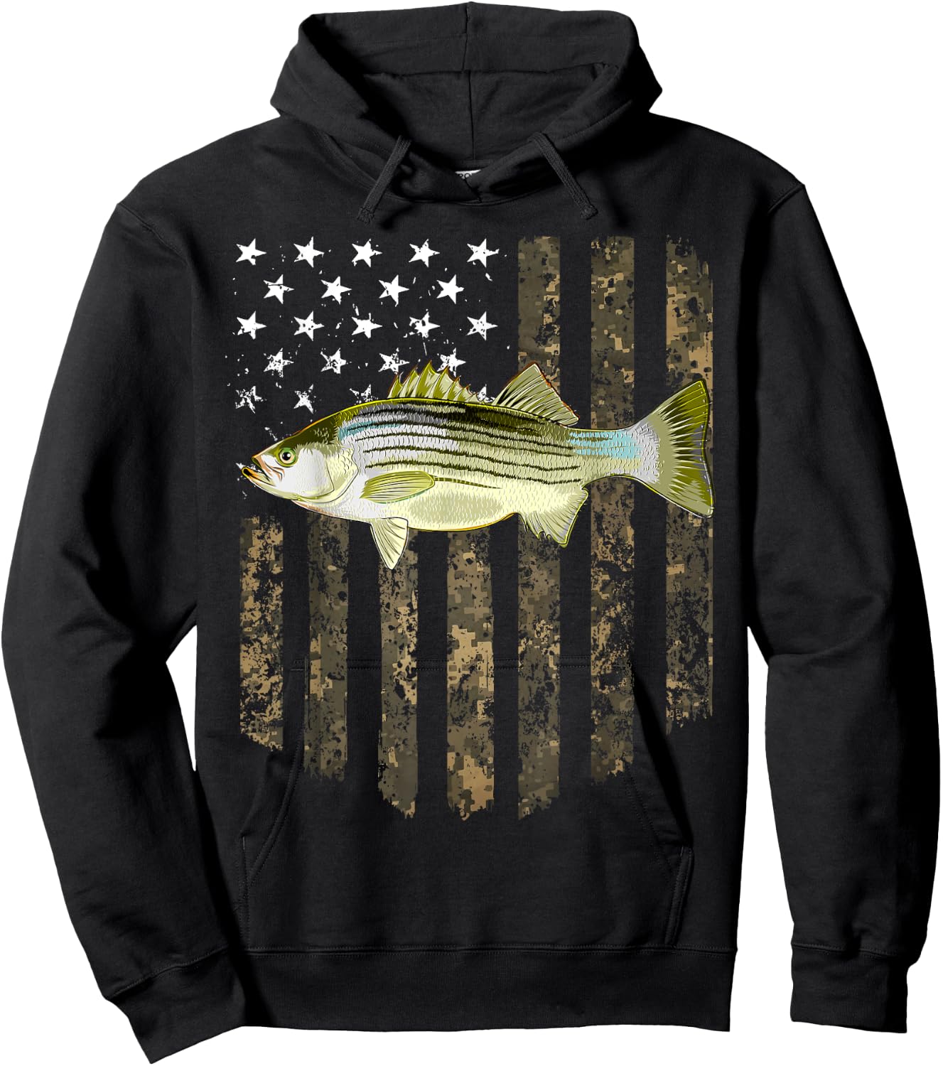 Camo American Flag Striped Bass Fishing 4th Of July Hoodie - Hoodie | Black