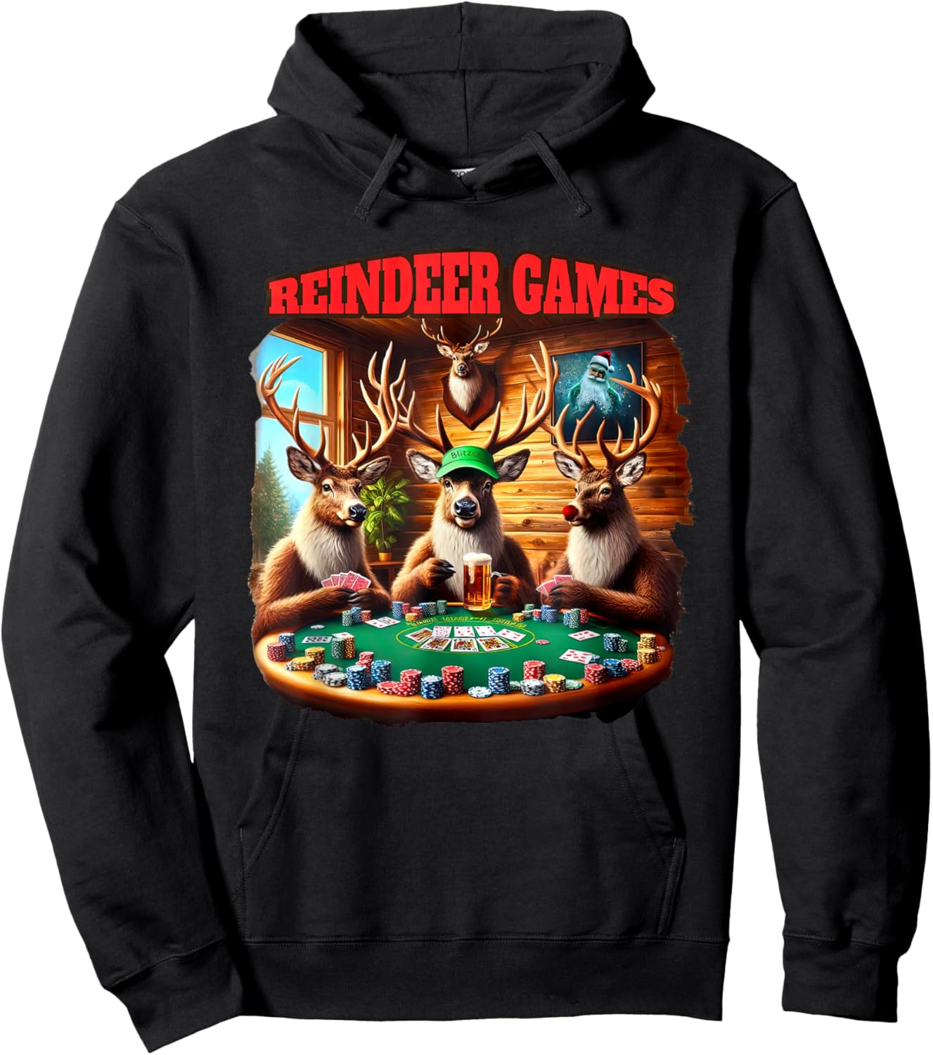 Funny Deer Playing Poker Christmas Reindeer Matching Game Hoodie - Hoodie | Black