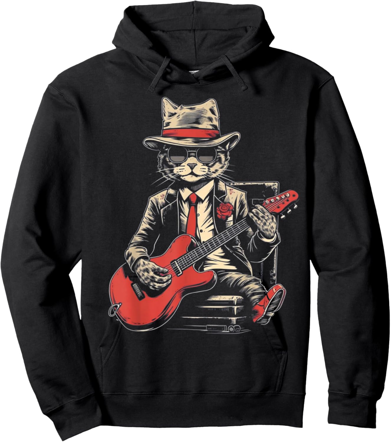 Vintage Jazz Cat Playing Guitar Band Retro Jazz Band Hoodie - Hoodie | Black