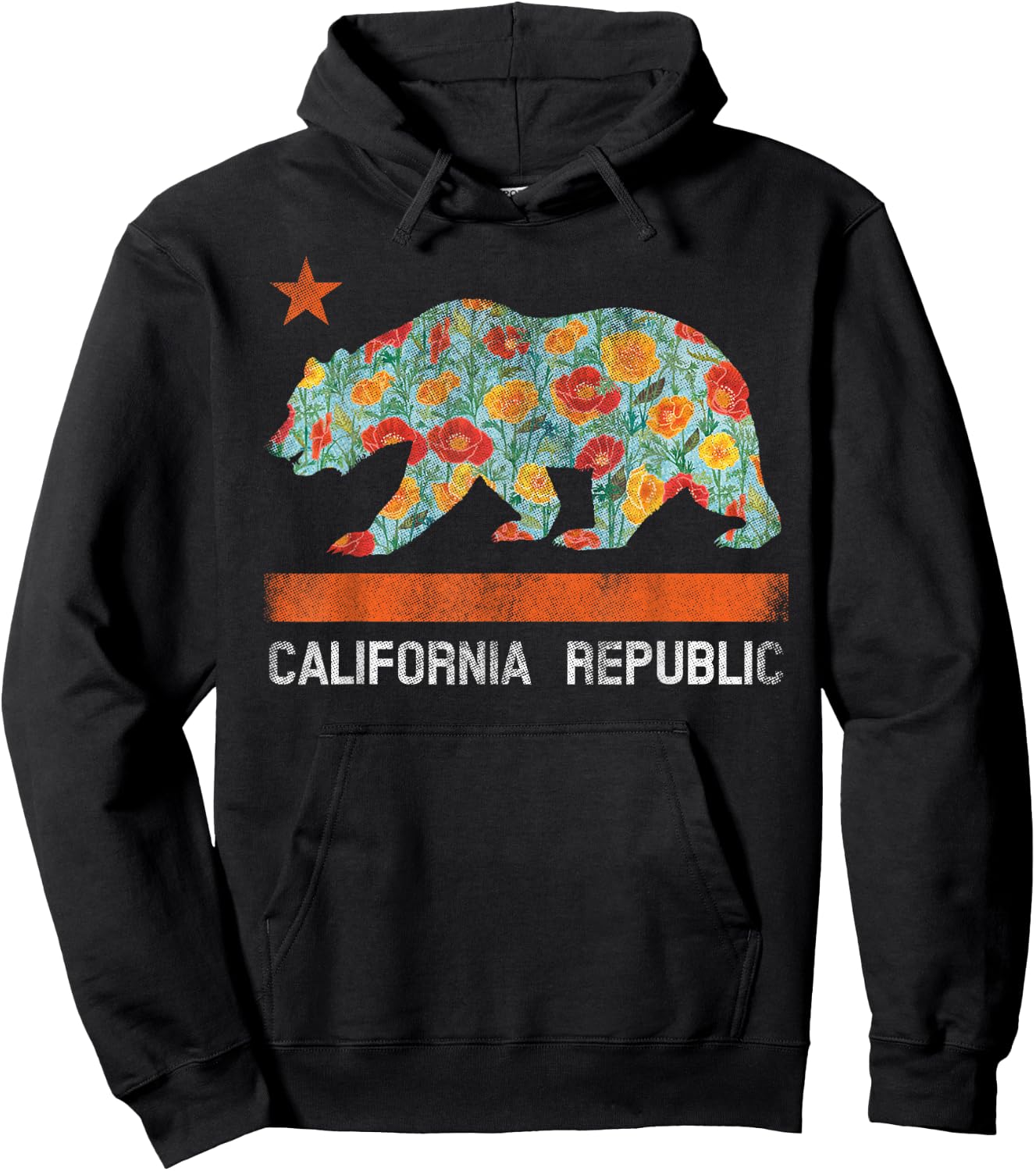 California Republic State Bear Star Poppy Flower LA Cali Hoodie - Hoodie | Black