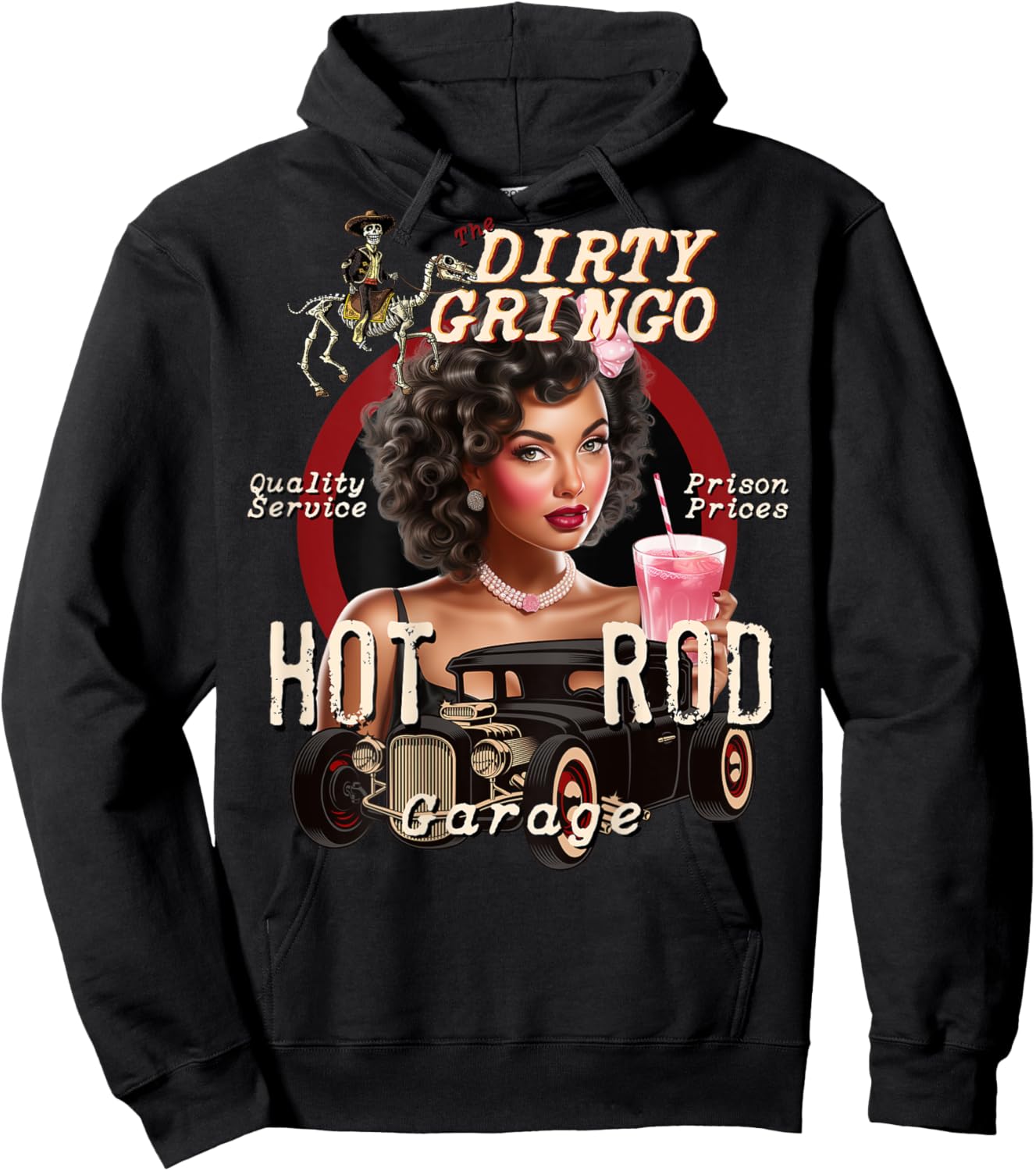 Pink Drink Hot Rod Pinup Girl Rockabilly Garage Dirty Gringo Hoodie - Hoodie | Black