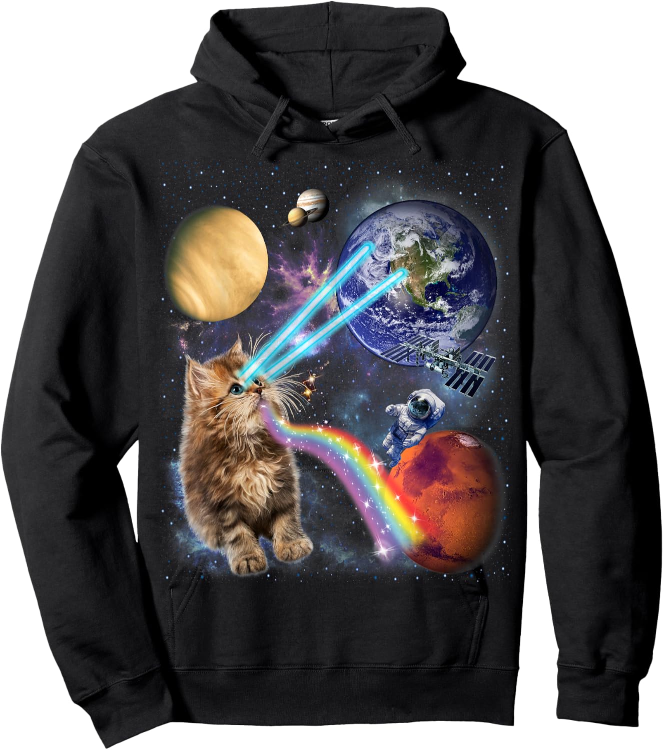 Fluffy Cat with Galactic Rainbow Beams Women Kids Hoodie - Hoodie | Black