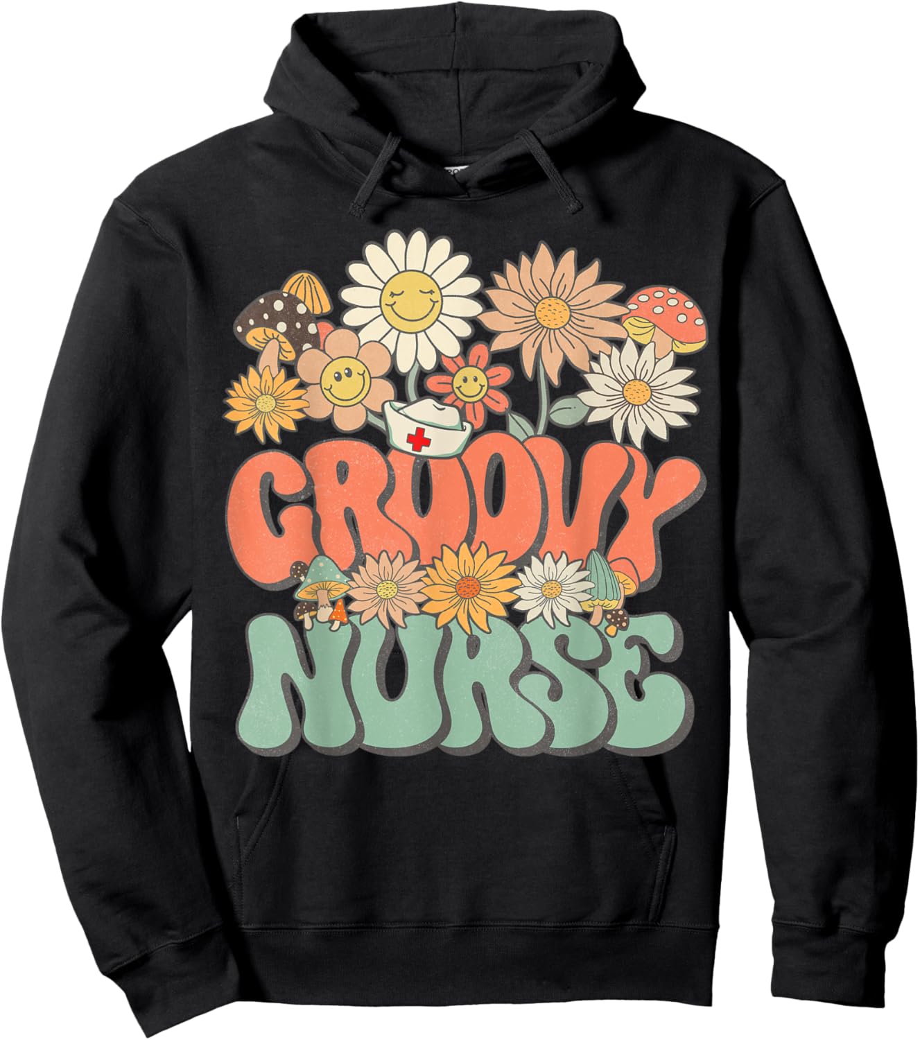 Retro Groovy Nurse Floral Hippie Daisy Flower Matching Nurse Hoodie - Hoodie | Black