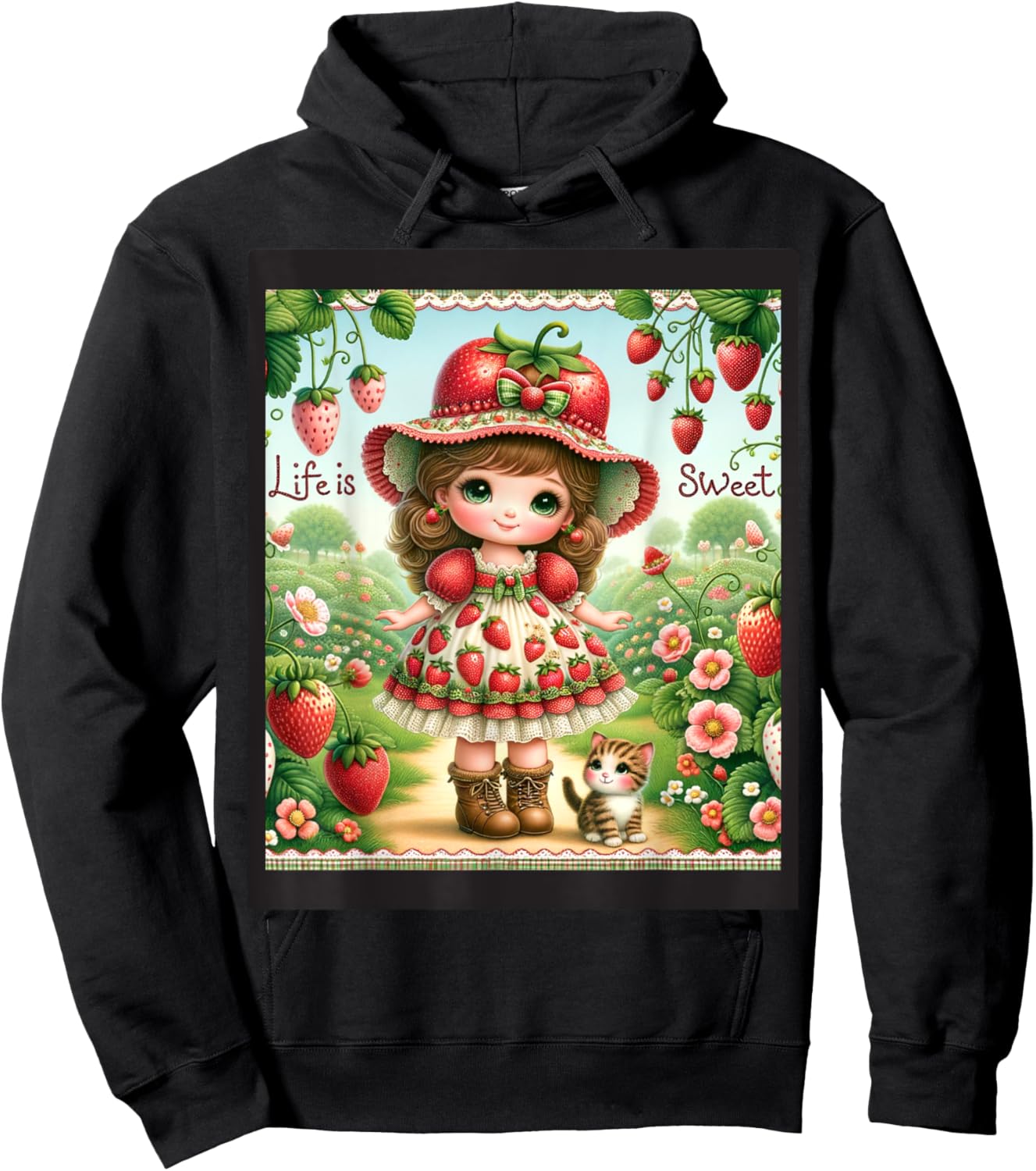 Cute Life Is Sweet Strawberry Cake Vintage Berry Garden Hoodie - Hoodie | Black