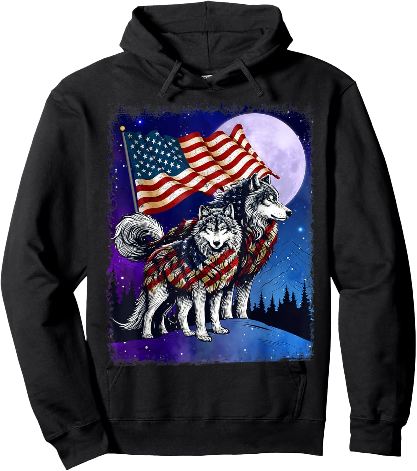 Wolf 4th of July American Flag Howling Wolves Under Moon Women Men Hoodie - Hoodie | Black