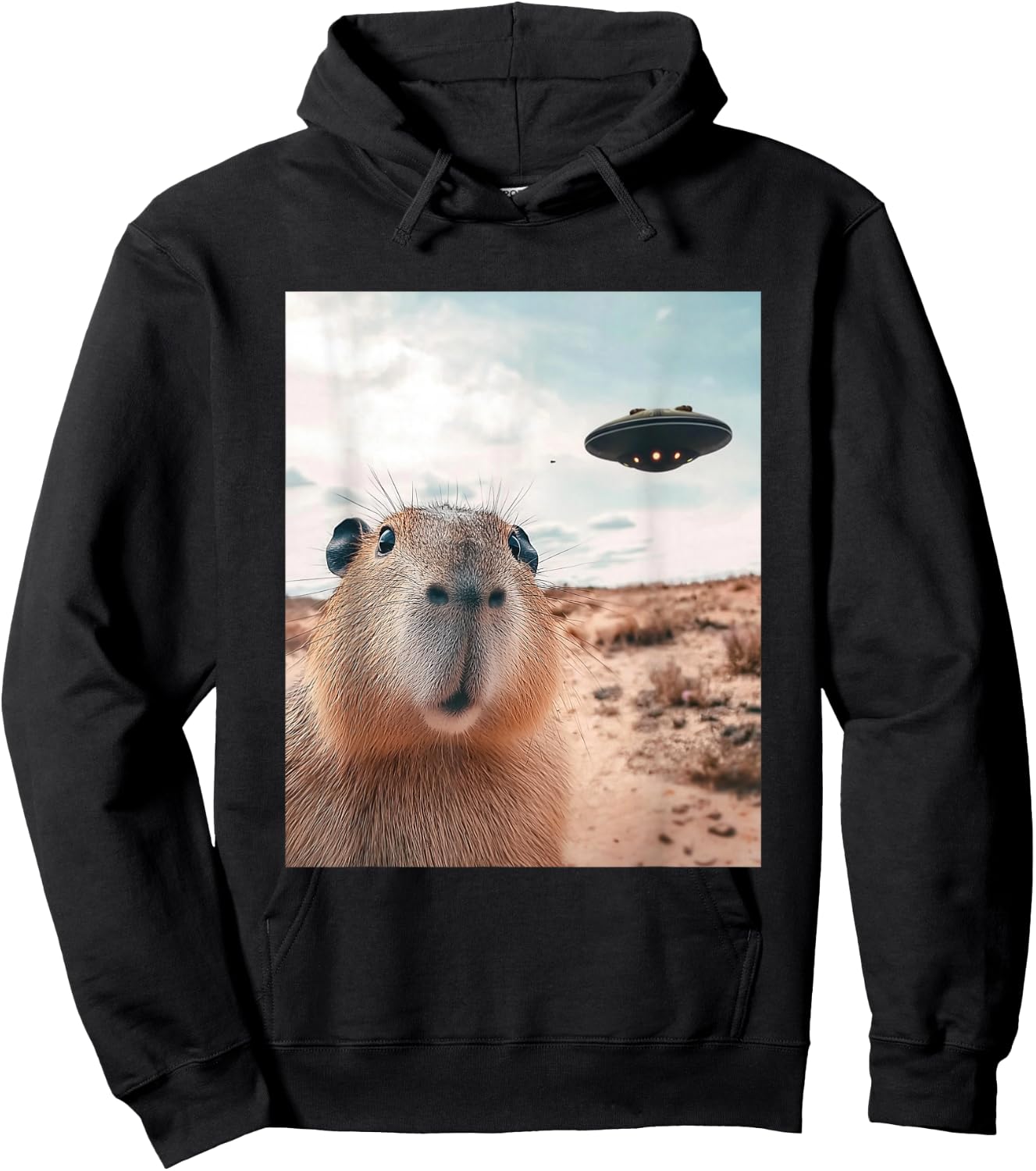 Capybara Selfie with UFOs Funny Graphic Hoodie - Hoodie | Black
