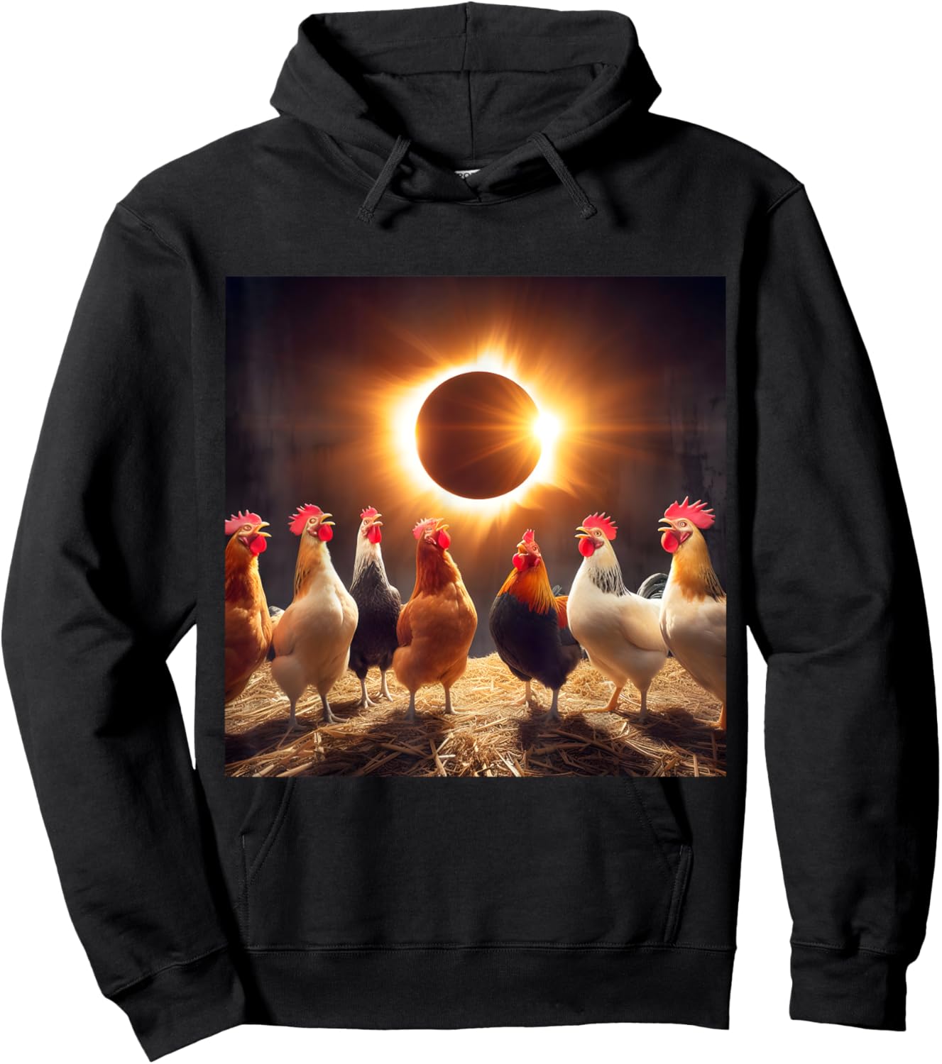 Chicken And The Total Solar Sun Eclipse 8.04.24 2024 Chicken Hoodie - Hoodie | Black