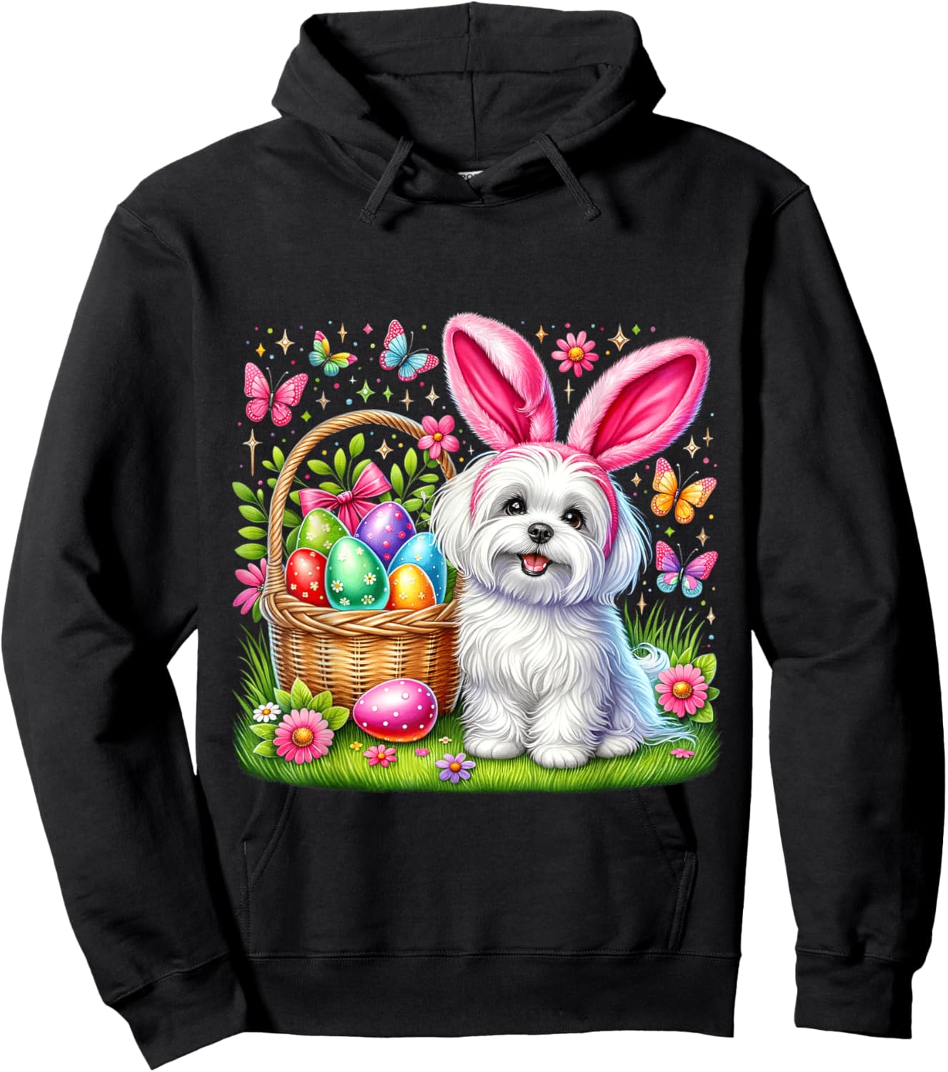 Cute Bunny Maltese Dog Easter Eggs Basket Easter Day Party Hoodie - Hoodie | Black