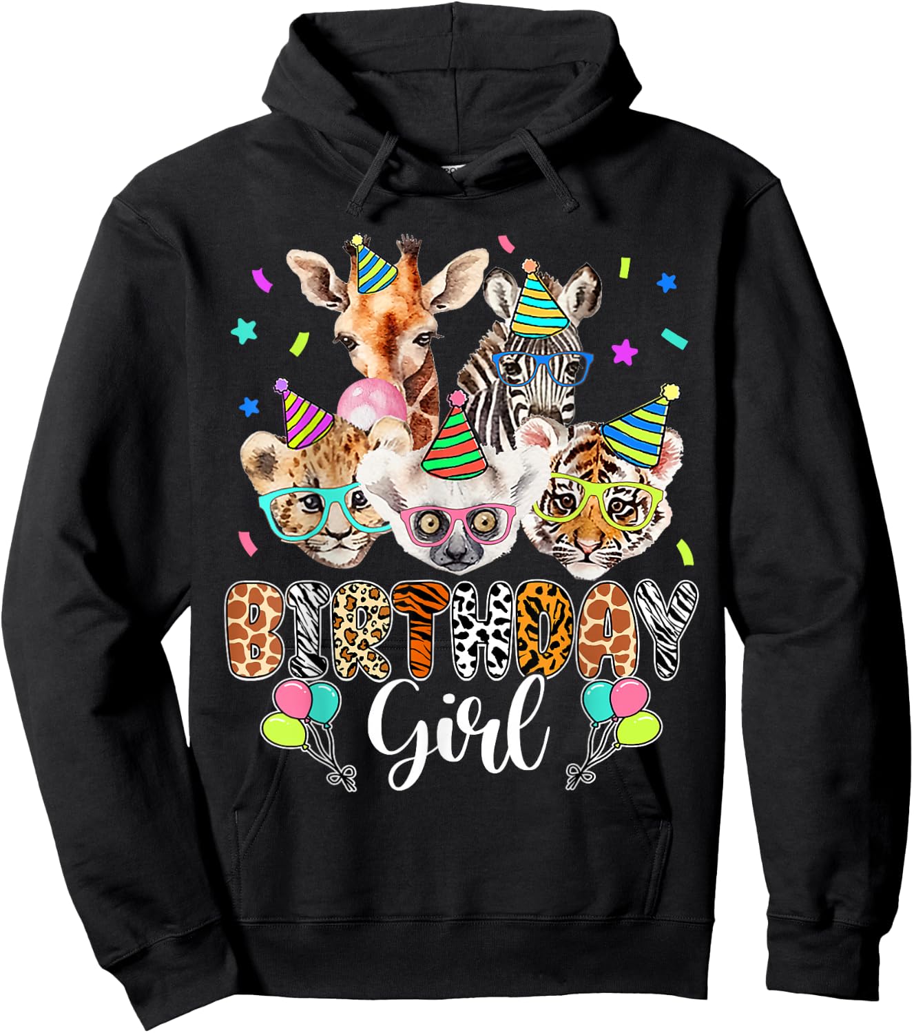 Happy Birthday Girl Zoo Animals Wildlife Girls Kids Cute Hoodie - Hoodie | Black