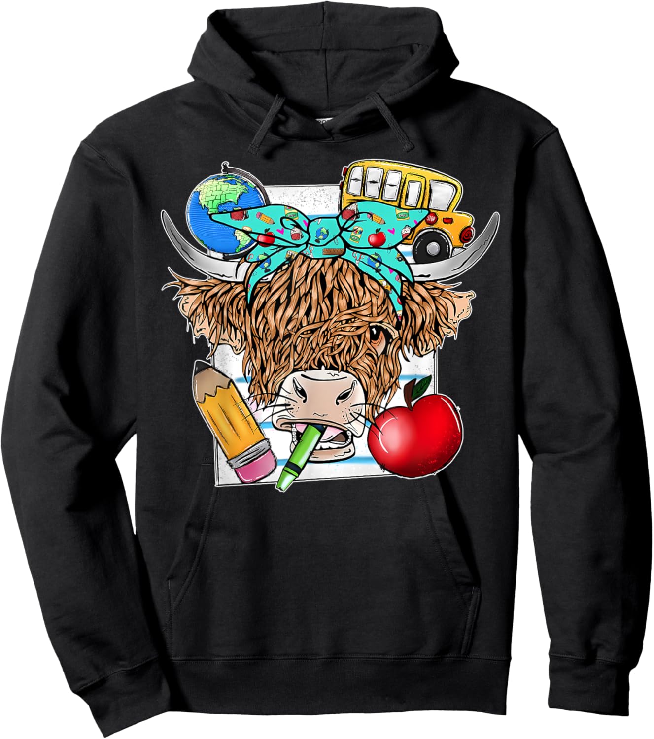 Highland Cow Teacher Farm Western Cute Cow Bandana Women Kids Hoodie - Hoodie | Black