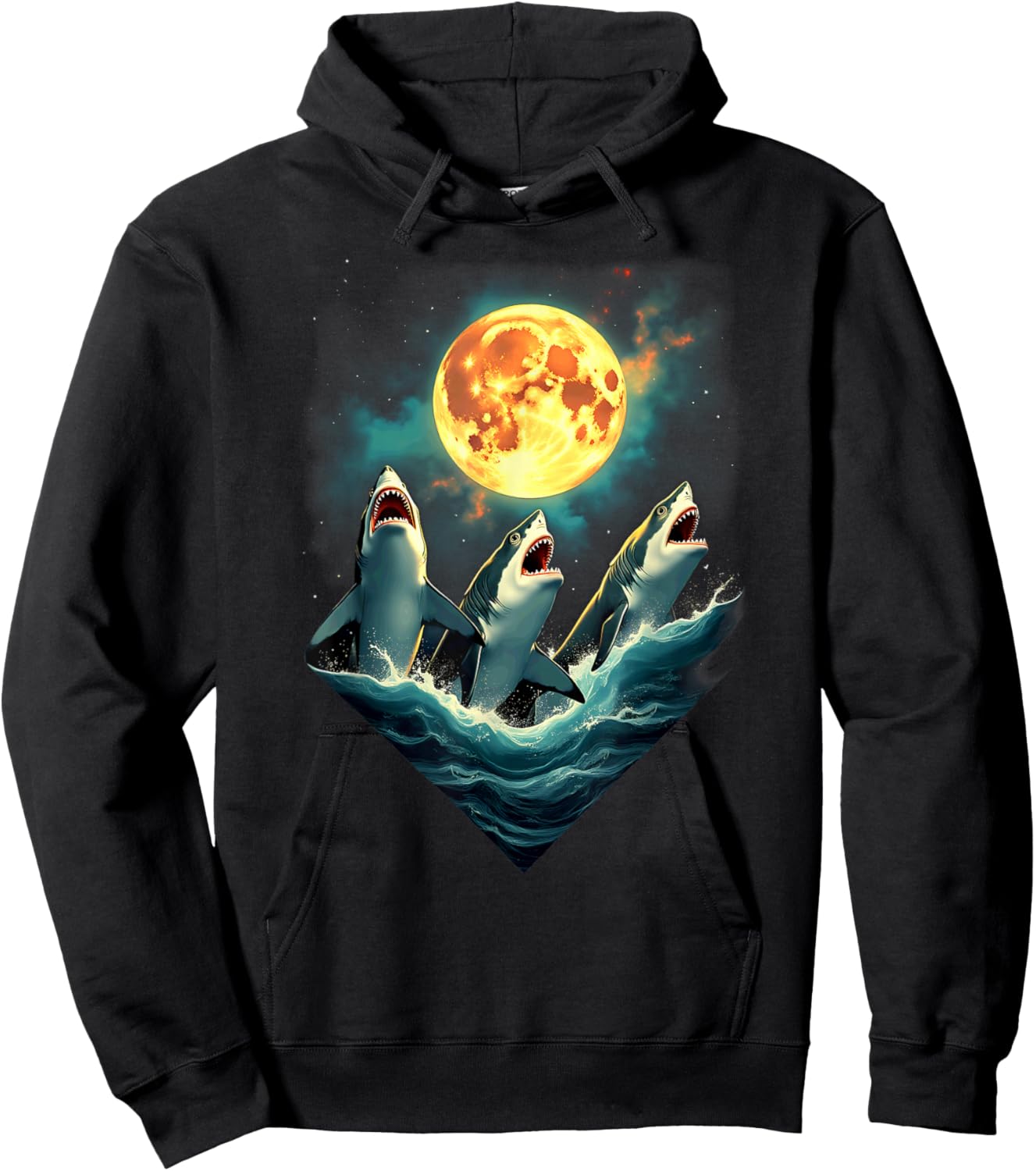 Aesthetic 3 Sharks Howling At The Moon Hoodie - Hoodie | Black